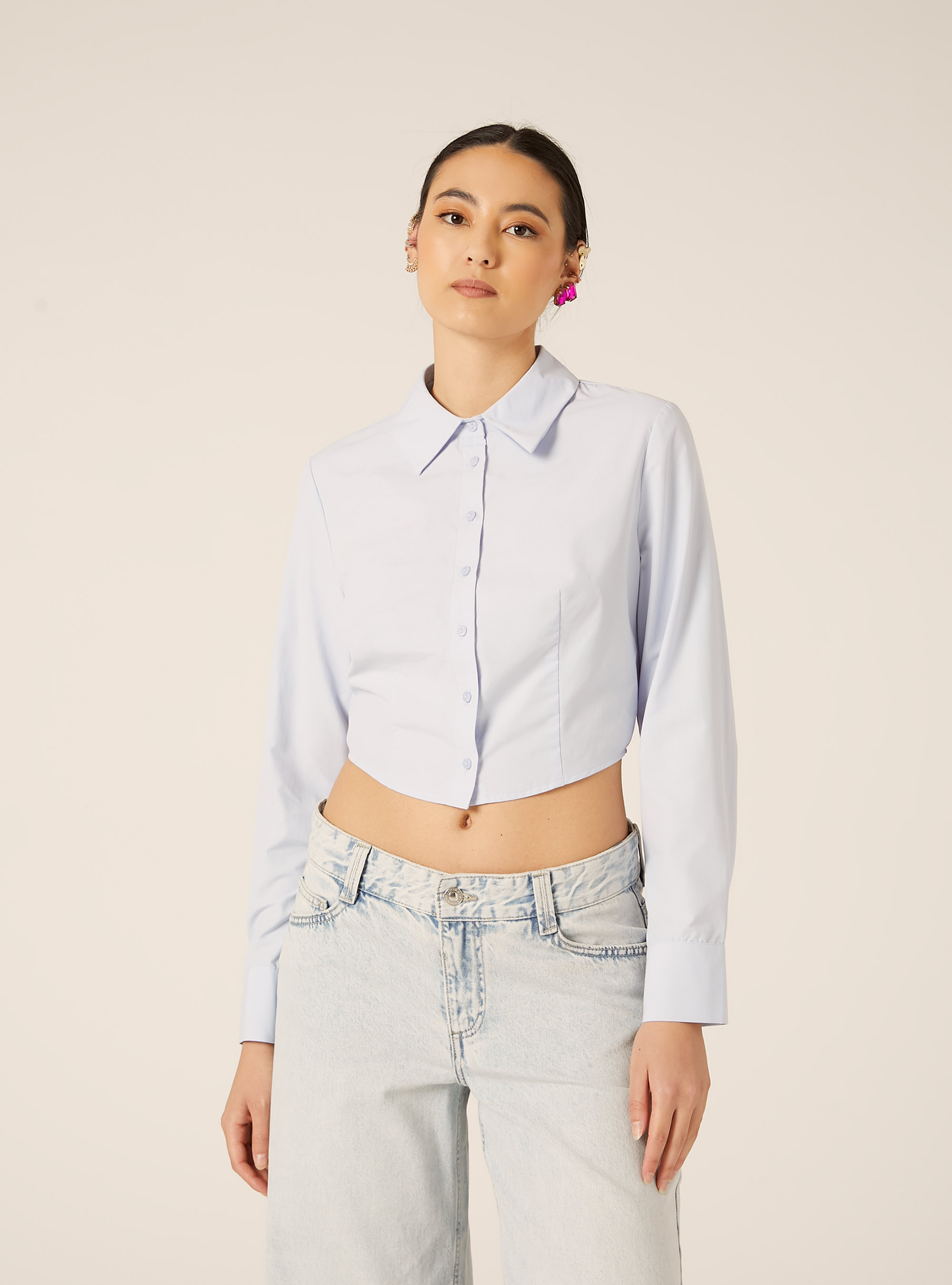 Camicia cropped in popeline, AZZURRO CHIARO