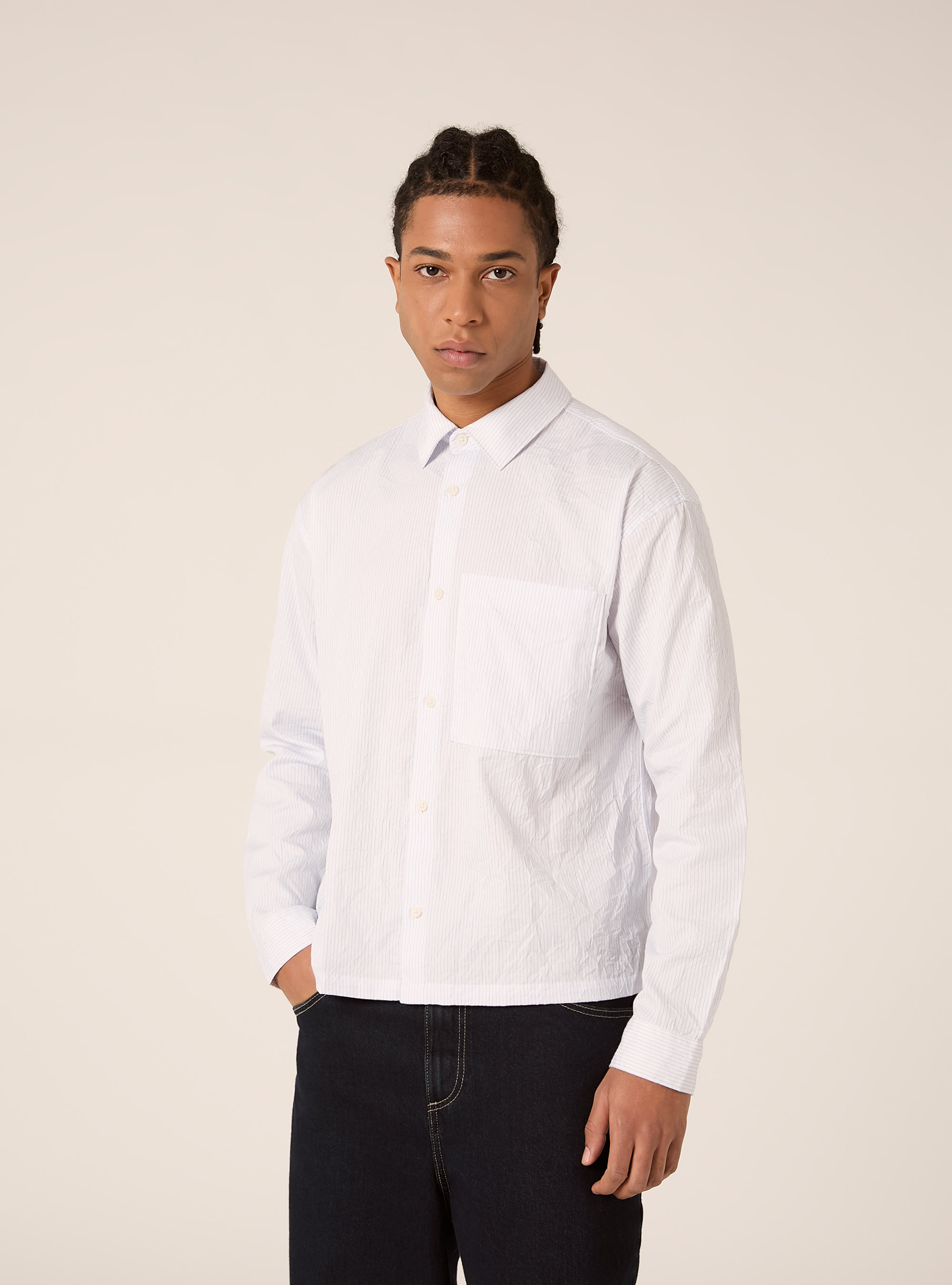 Camicia boxy fit effetto stropicciato a righe, PANNA