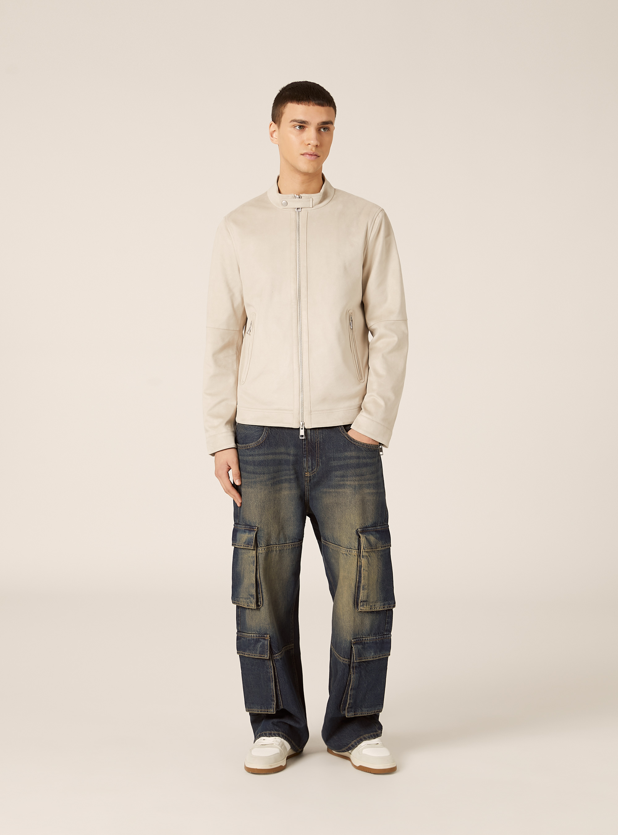 Suede-effect biker jacket, CR3 CREAM LIGHT