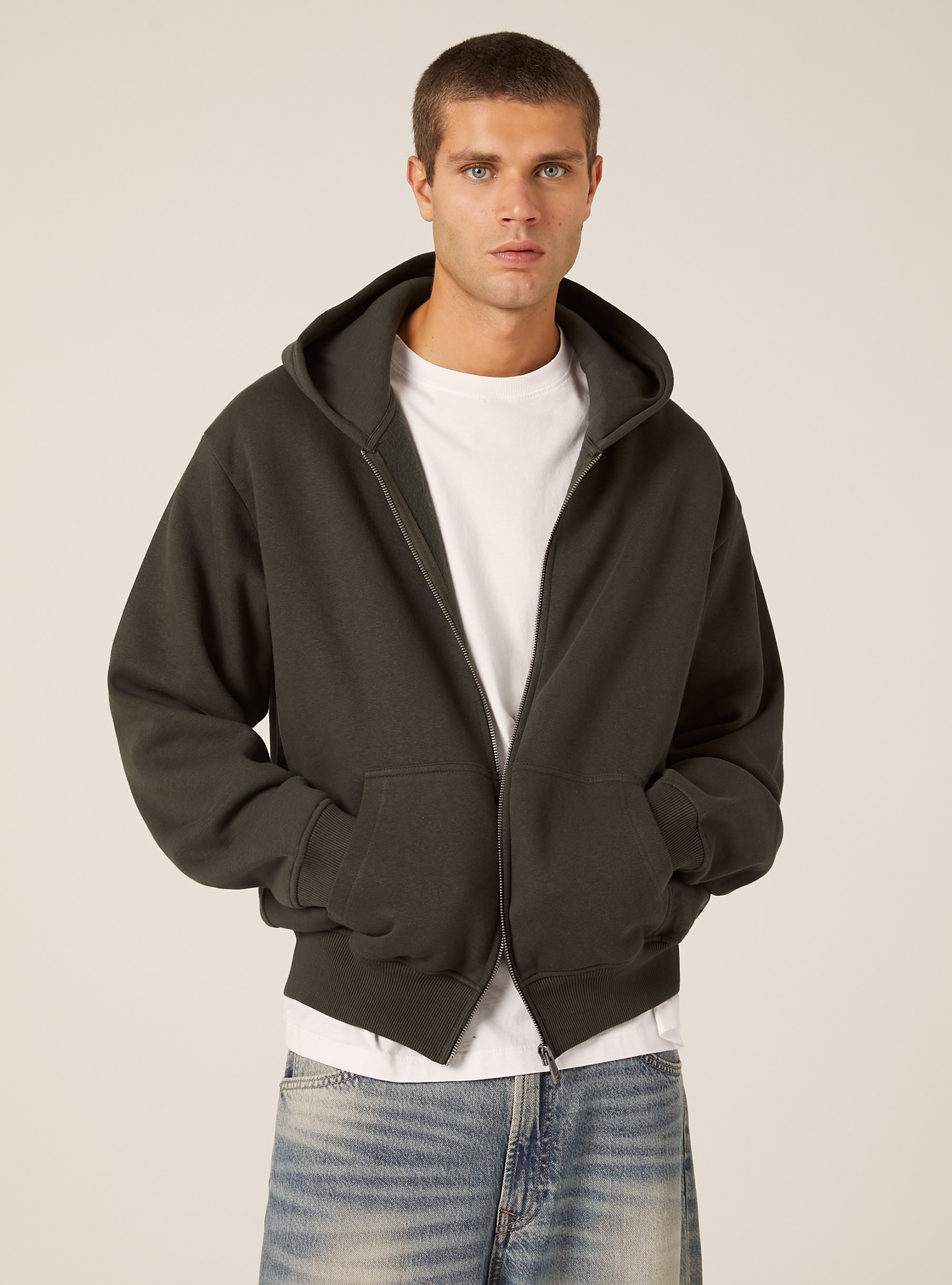 Sweat-shirt zipp&eacute; &agrave; capuche coupe boxy, KY1 KAKY DARK