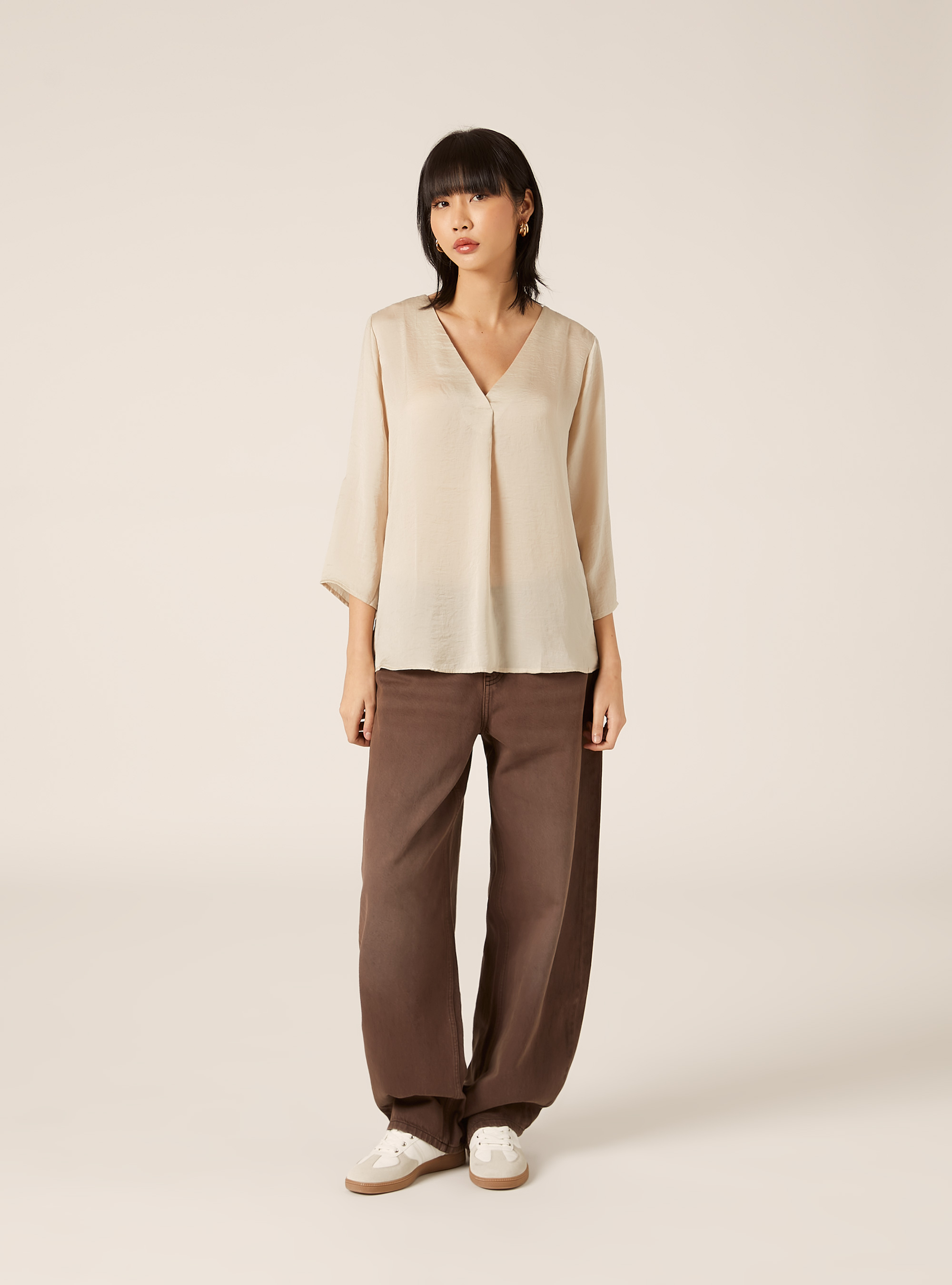 Blouse &agrave; encolure unie, BG3 BEIGE LIGHT