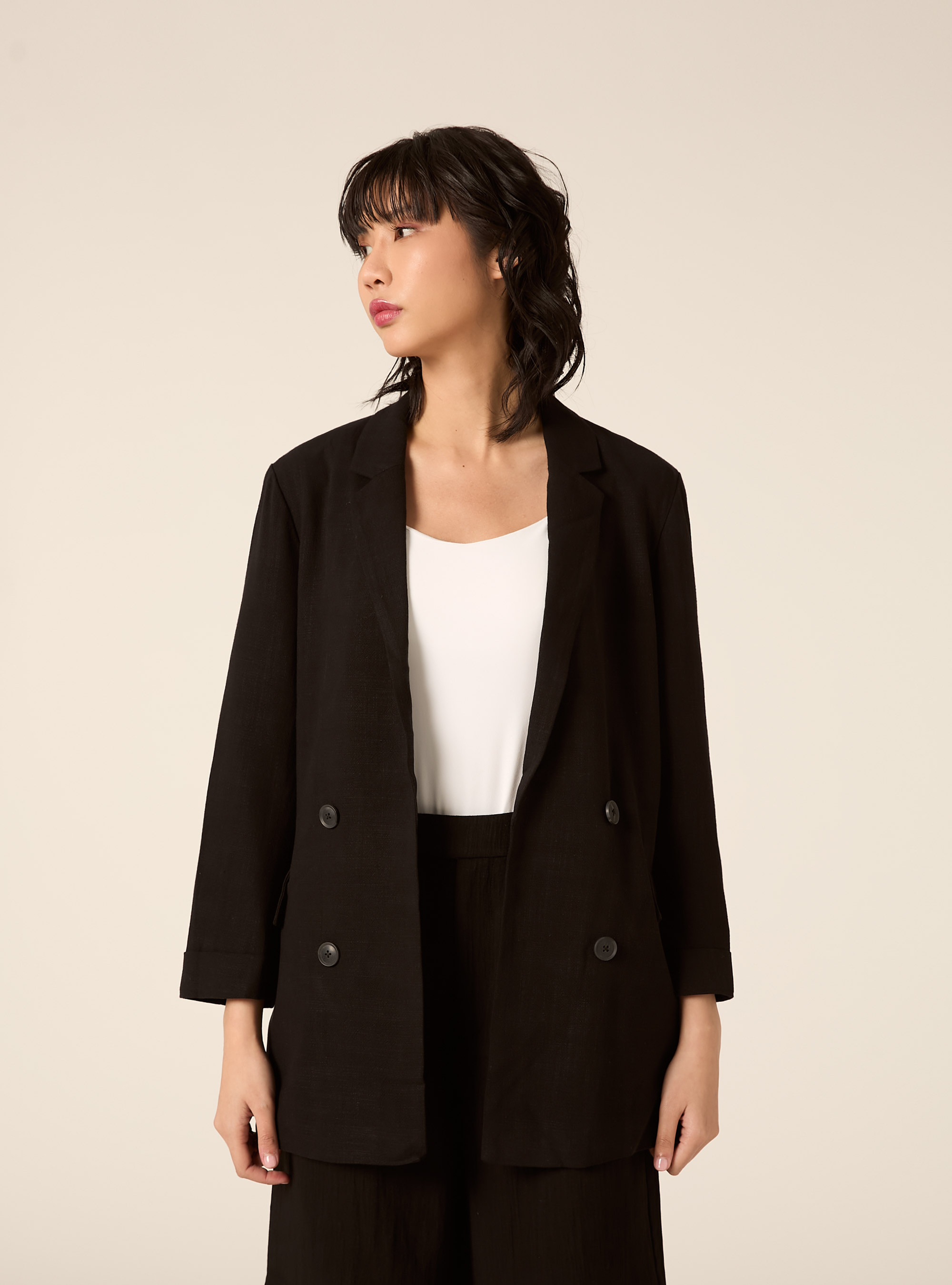 Double-breasted linen-blend blazer, BK1 BLACK