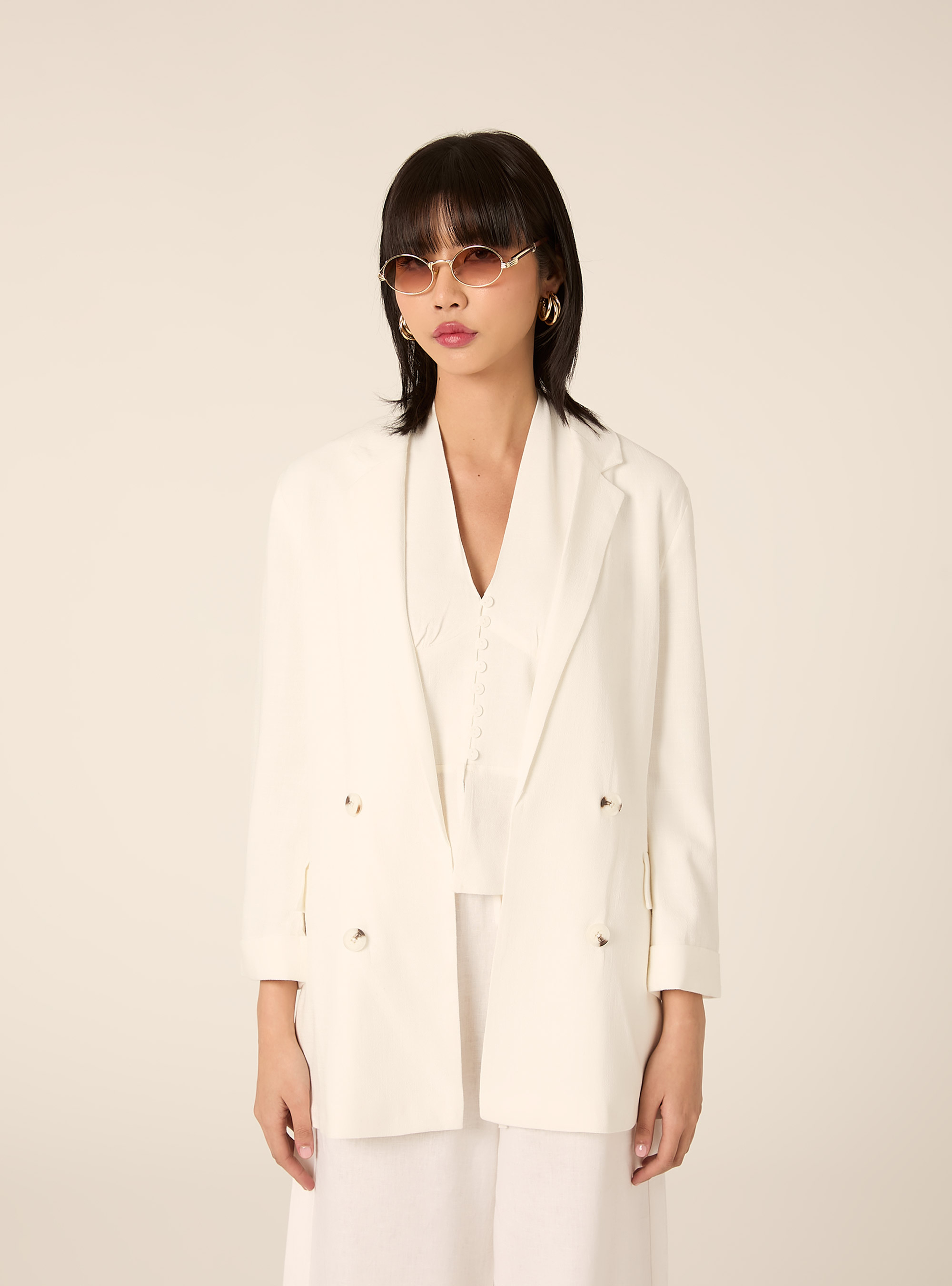 Blazer crois&eacute; en lin m&eacute;lang&eacute;, WH2 WHITE