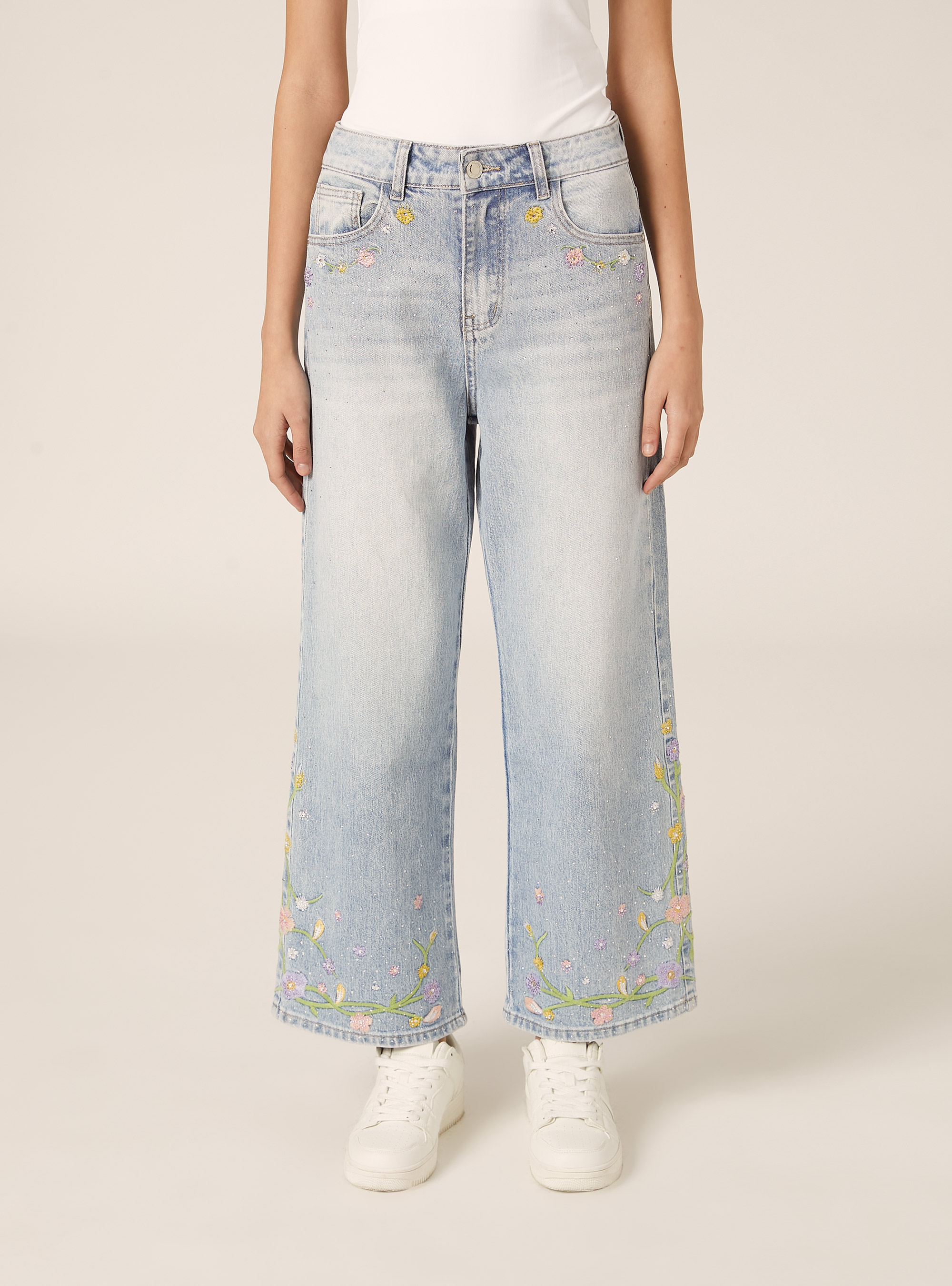 Jeans straight fit corto con ricami, D006 AZURE