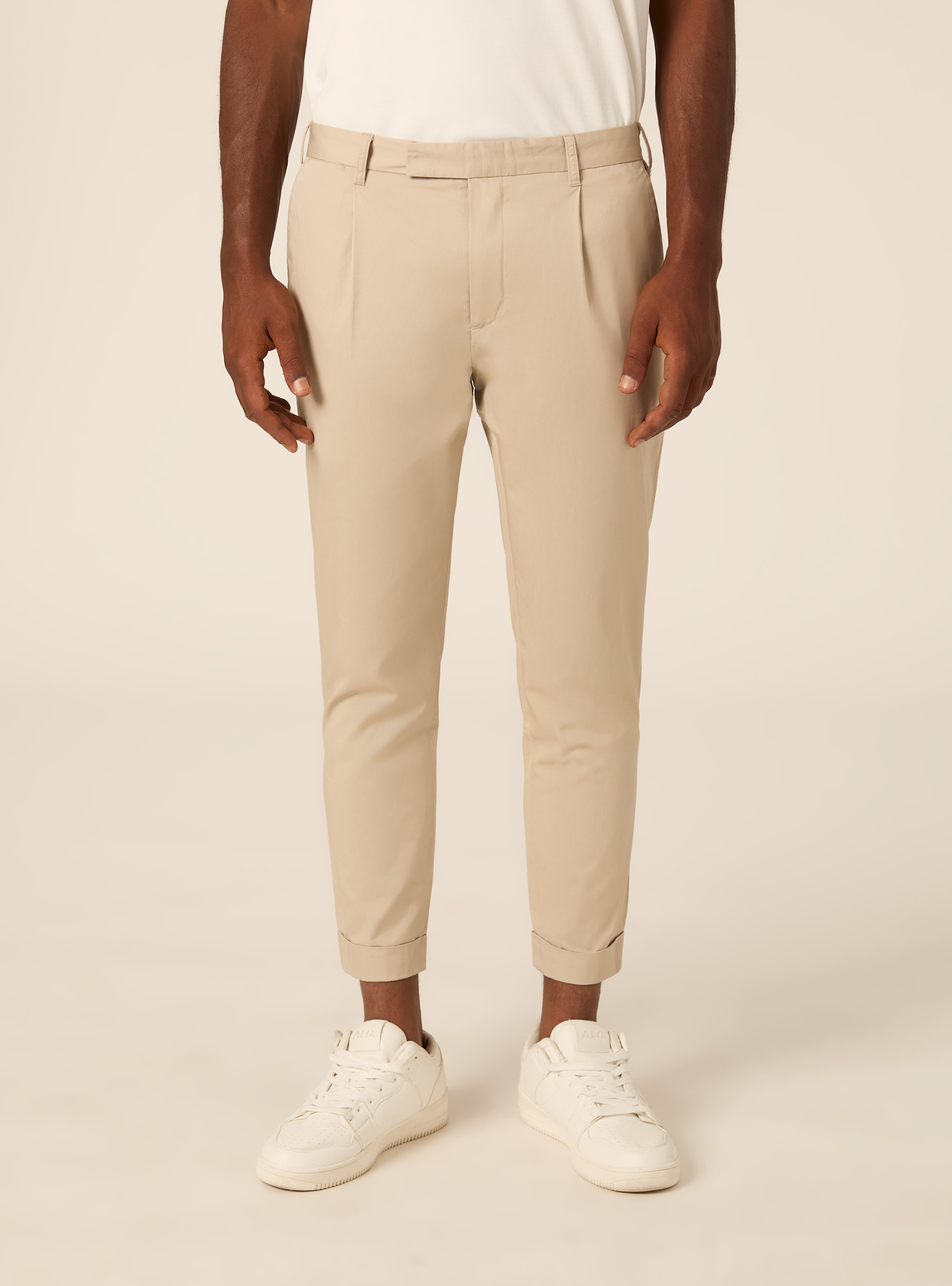 Slim Fit Cropped Pleated Chino Trousers, BG2 BEIGE MEDIUM