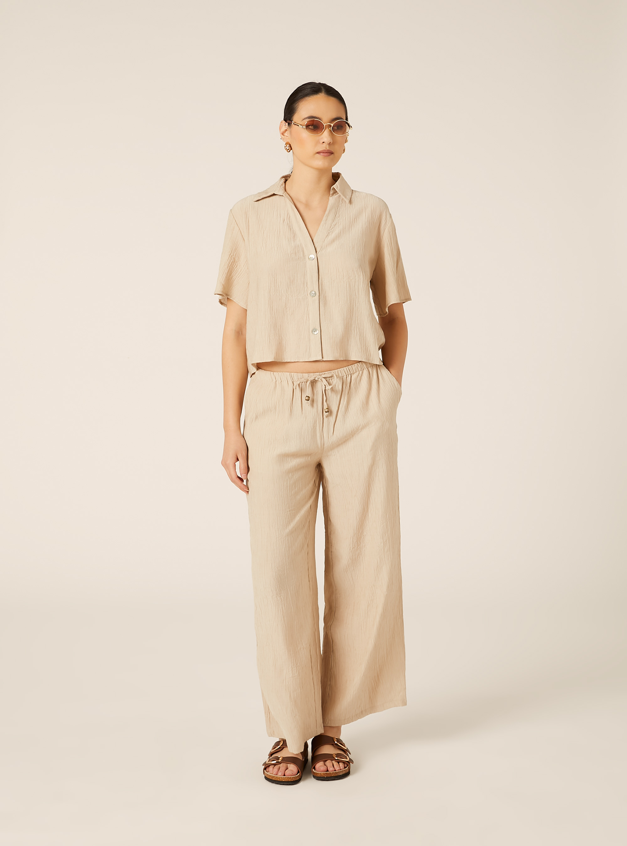 Pantaloni ampi con vita elasticizzata in crepe, BG2 BEIGE MEDIUM
