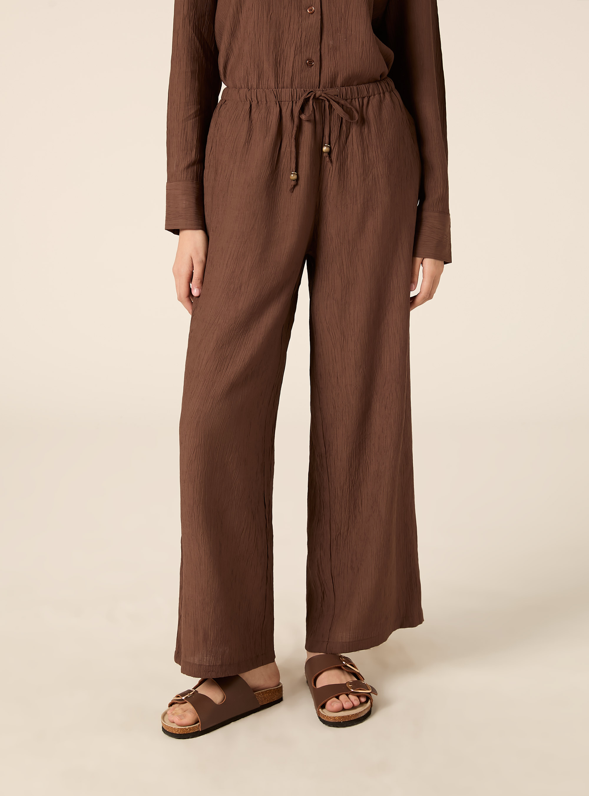 Pantaloni ampi con vita elasticizzata in crepe, BR2 BROWN MEDIUM