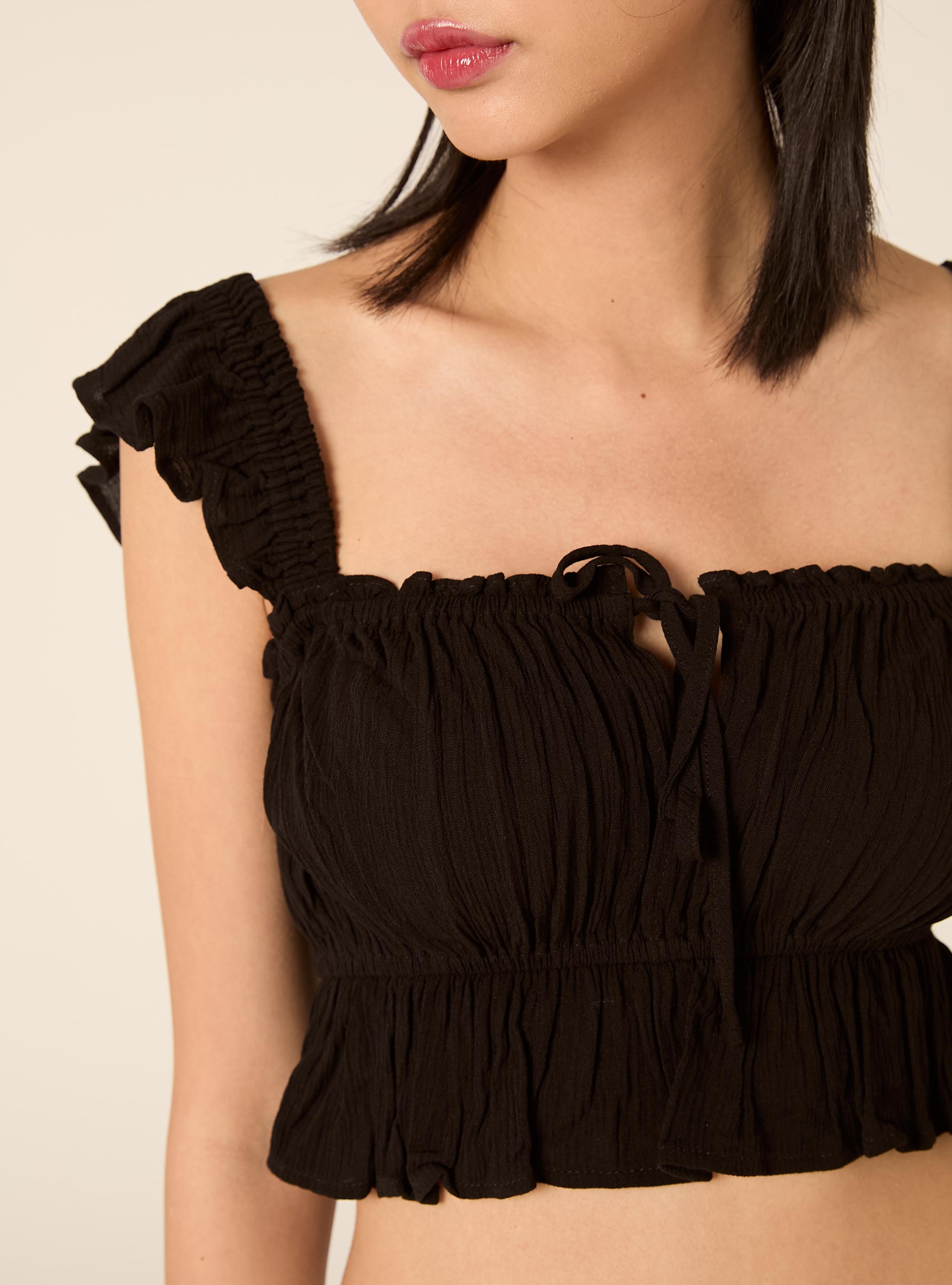 Top aus Crepe mit R&uuml;schen, BK1 BLACK