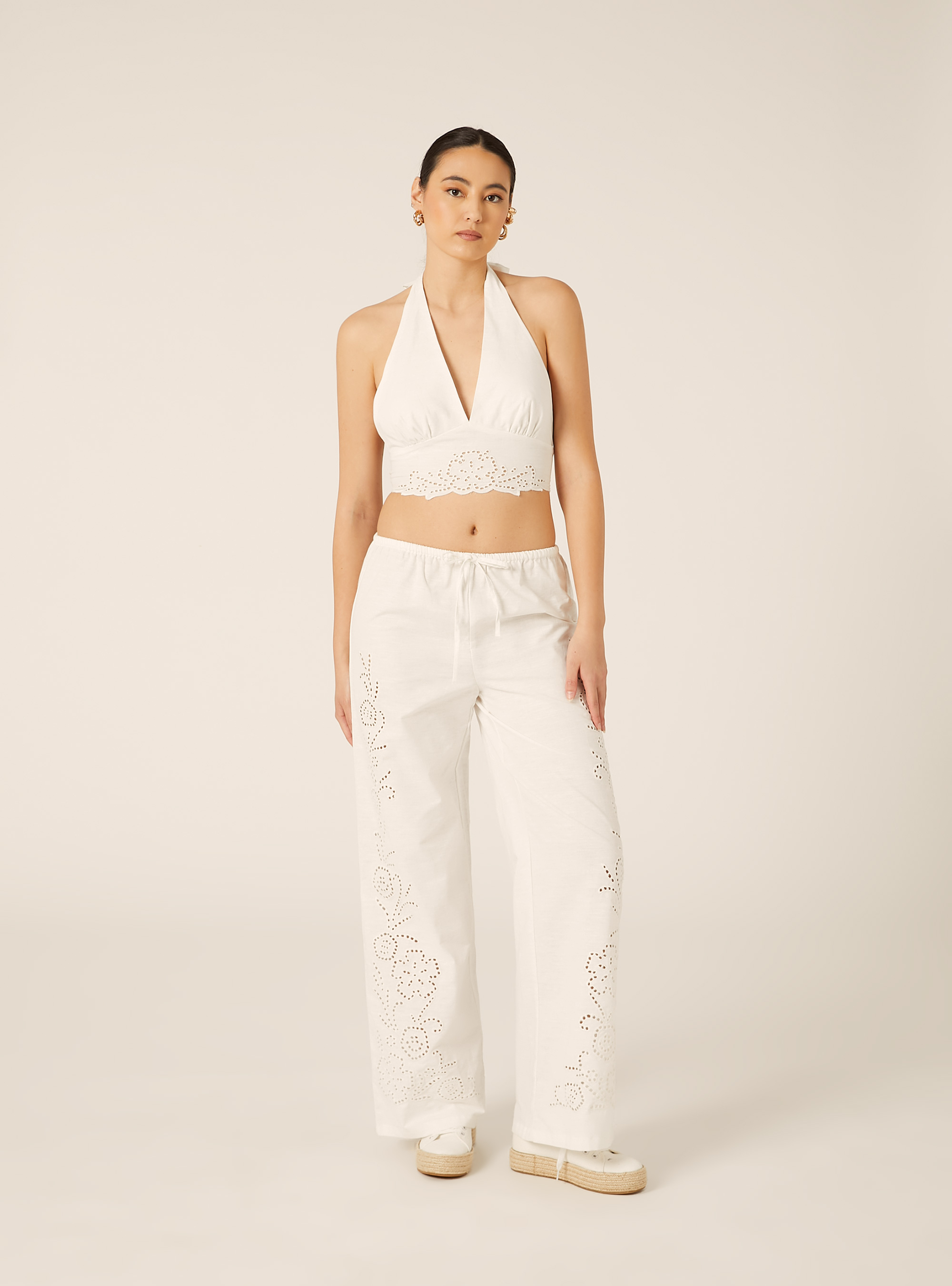 Linen Blend Halter Crop Top with Embroidered Hem, WH2 WHITE