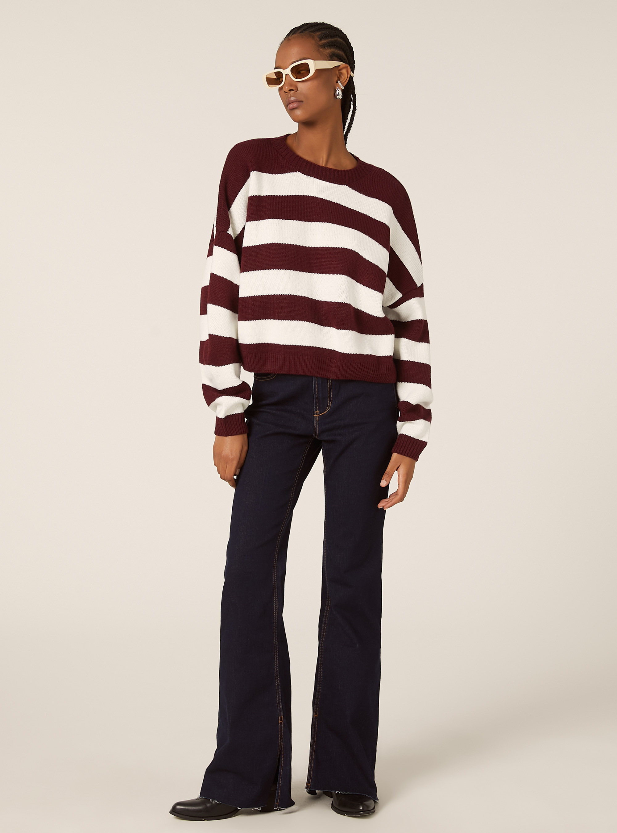 Pull-over doux &agrave; rayures, BO2 BORDEAUX MEDIUM