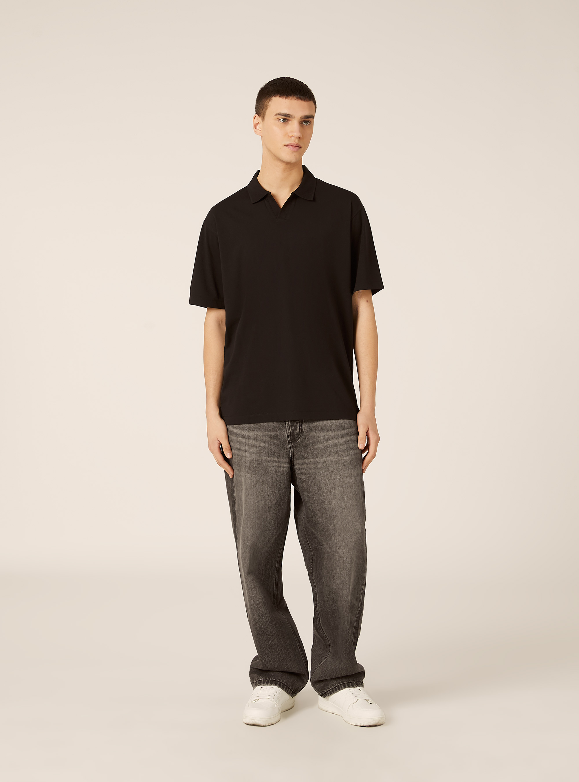 Polo mezza placchetta in jersey elasticizzato, BK1 BLACK