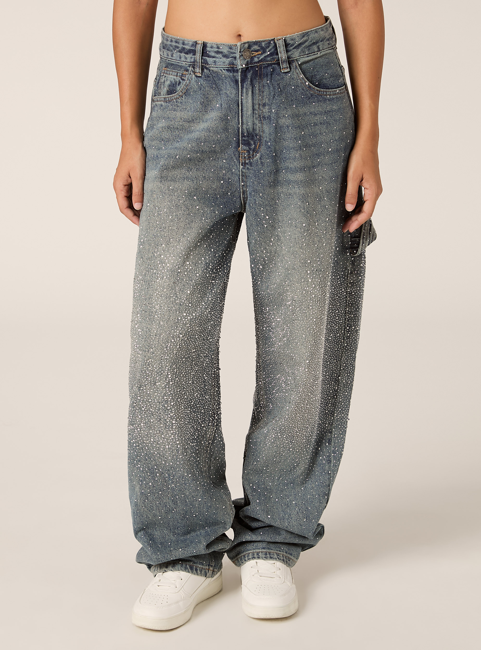 Baggy carpenter jeans with rhinestones, D003 MEDIUM BLUE