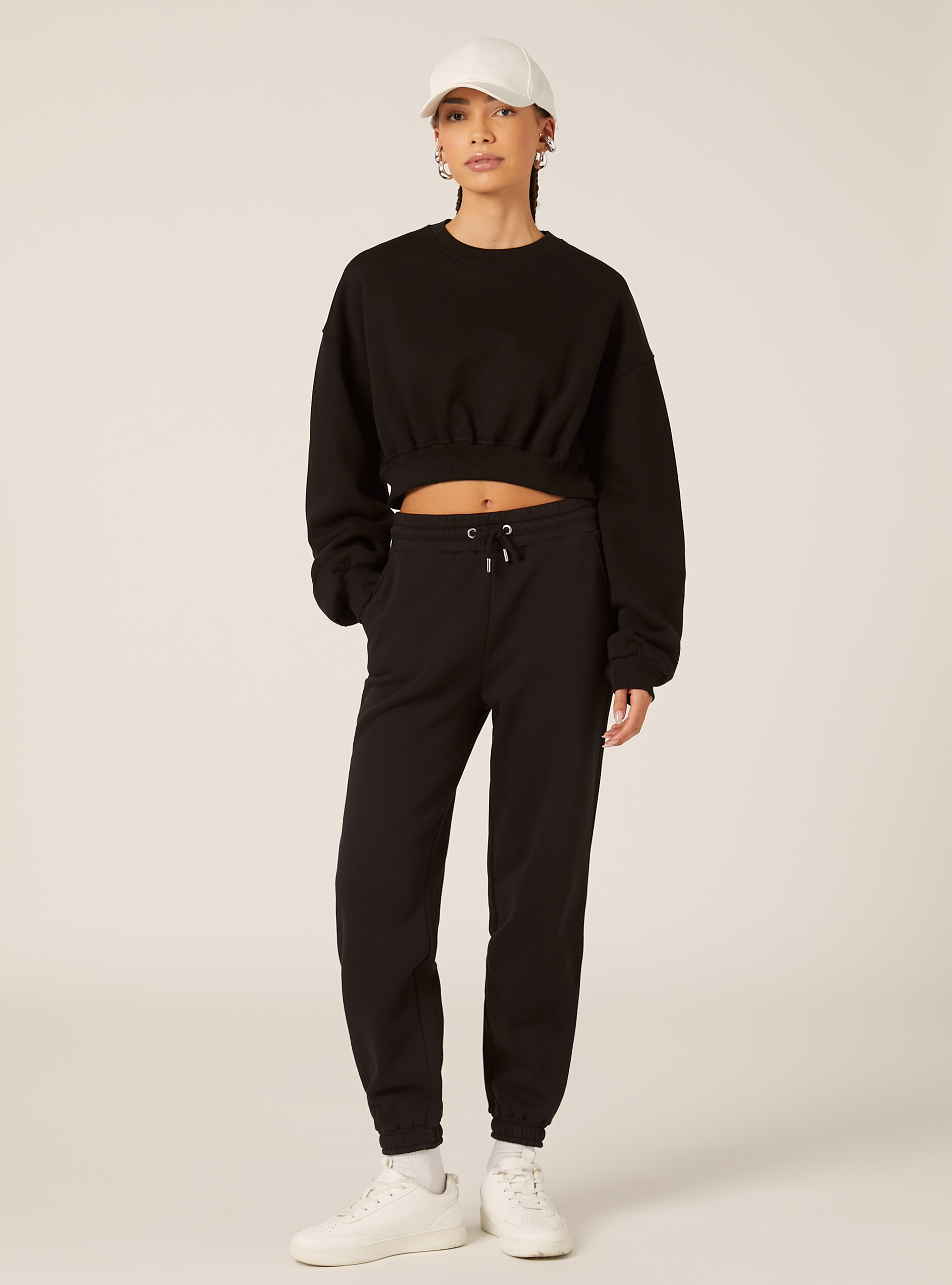 Sweat-shirt &agrave; col rond en coton court, BK1 BLACK