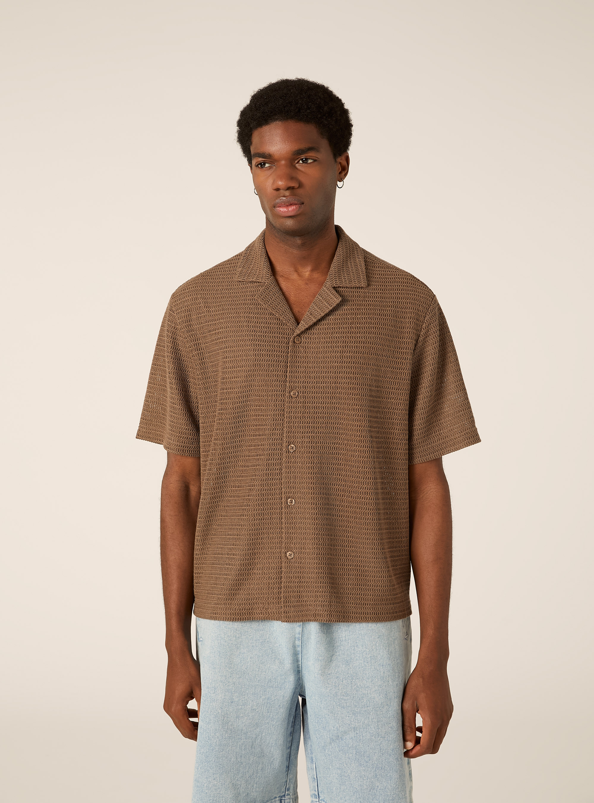 Crochet-Effect Lightweight Knit Bowling Shirt, BR3 BROWN LIGHT