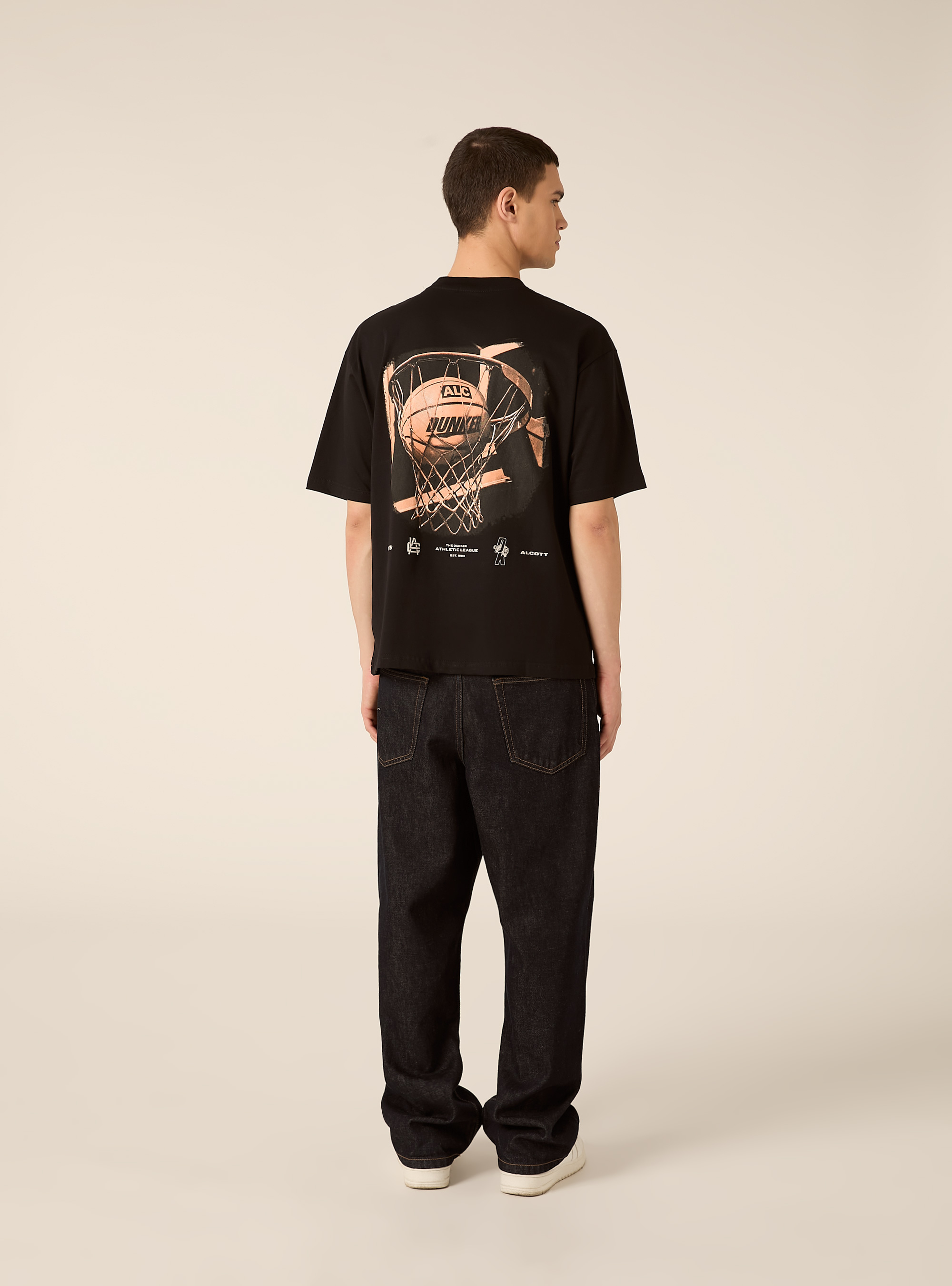 Camiseta de corte recto con estampado de baloncesto, BK1 BLACK