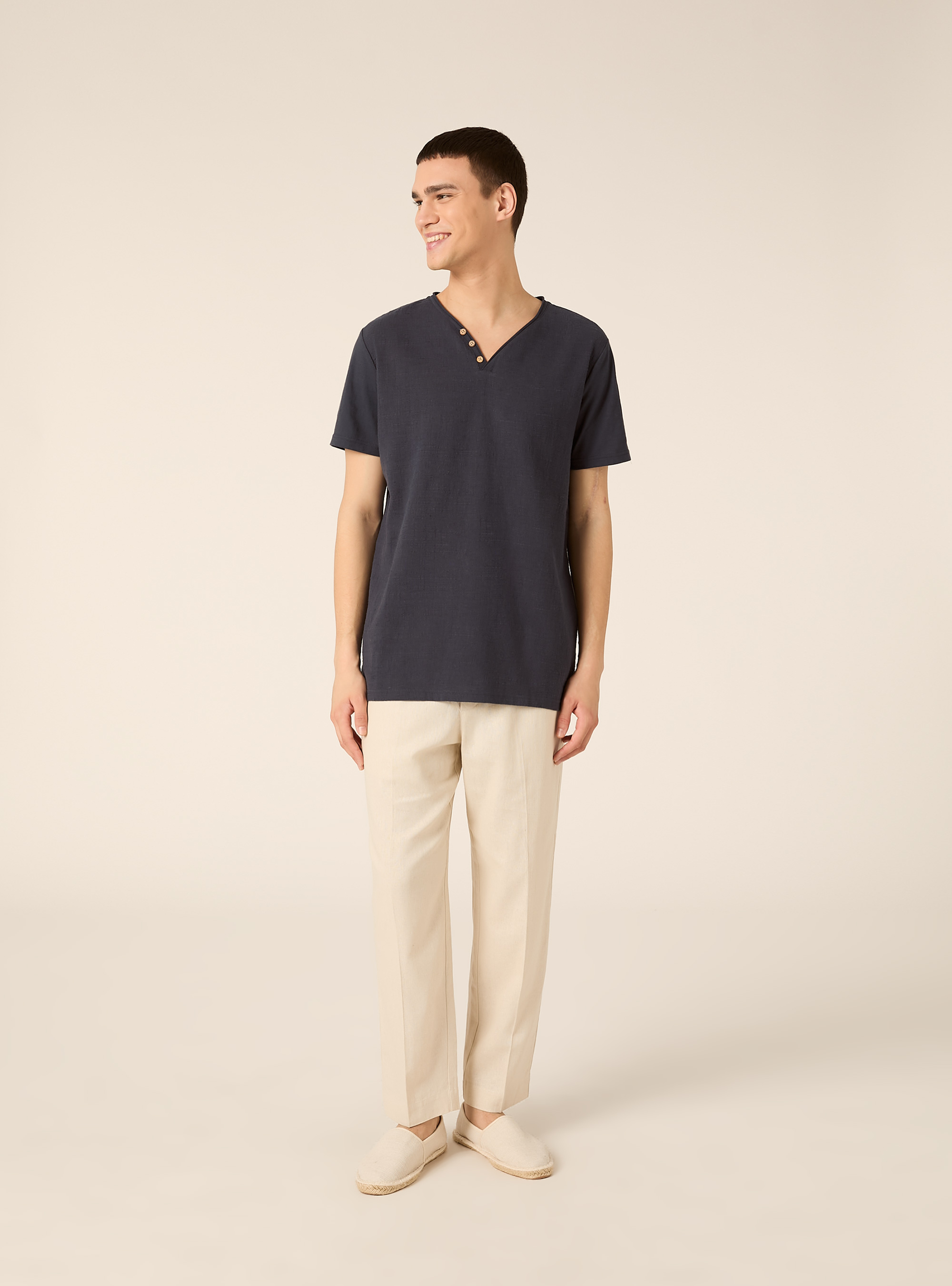 V-neck linen blend T-shirt, NA2 NAVY MEDIUM