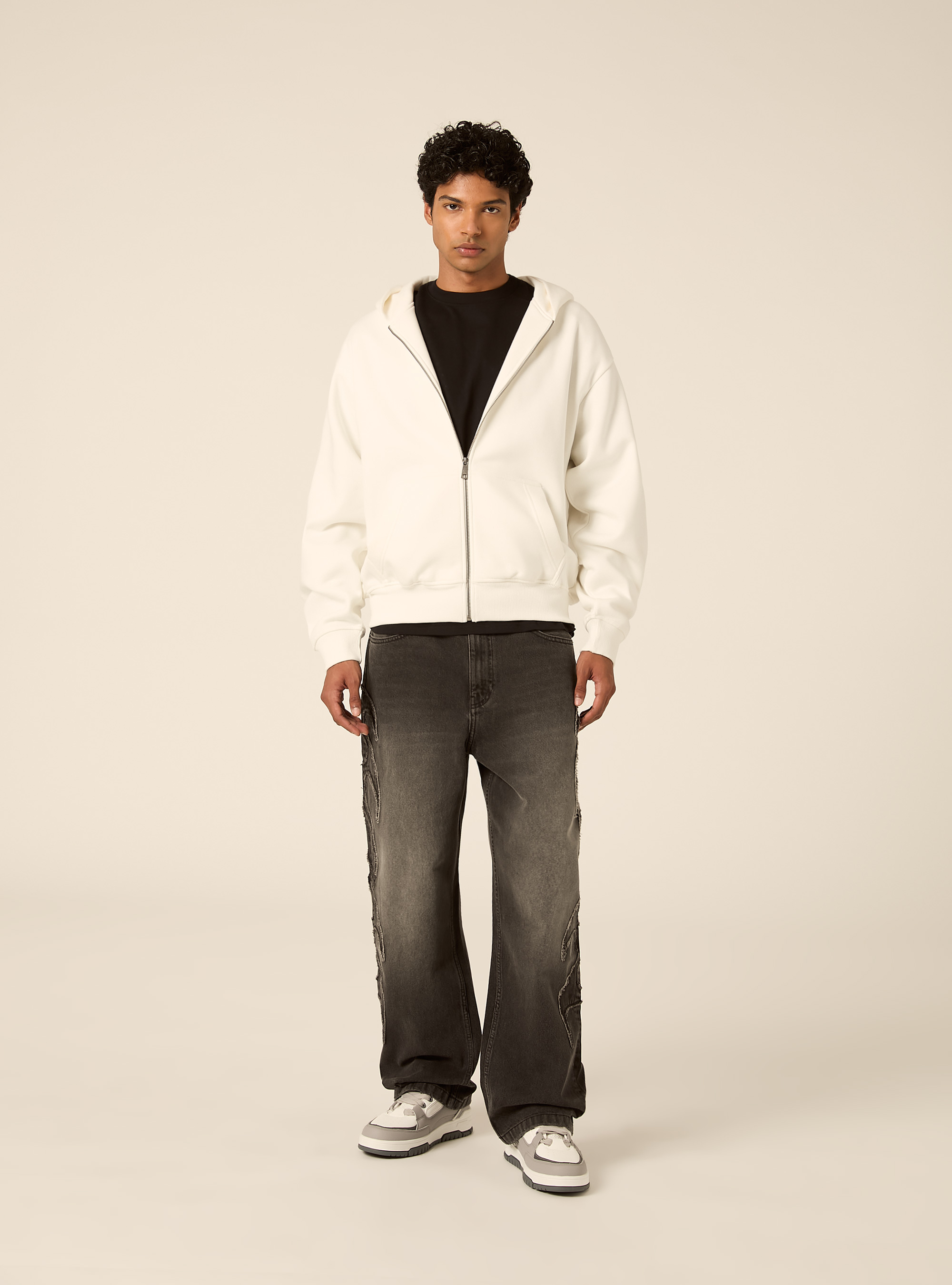 Felpa Boxy fit con zip e cappuccio, PANNA