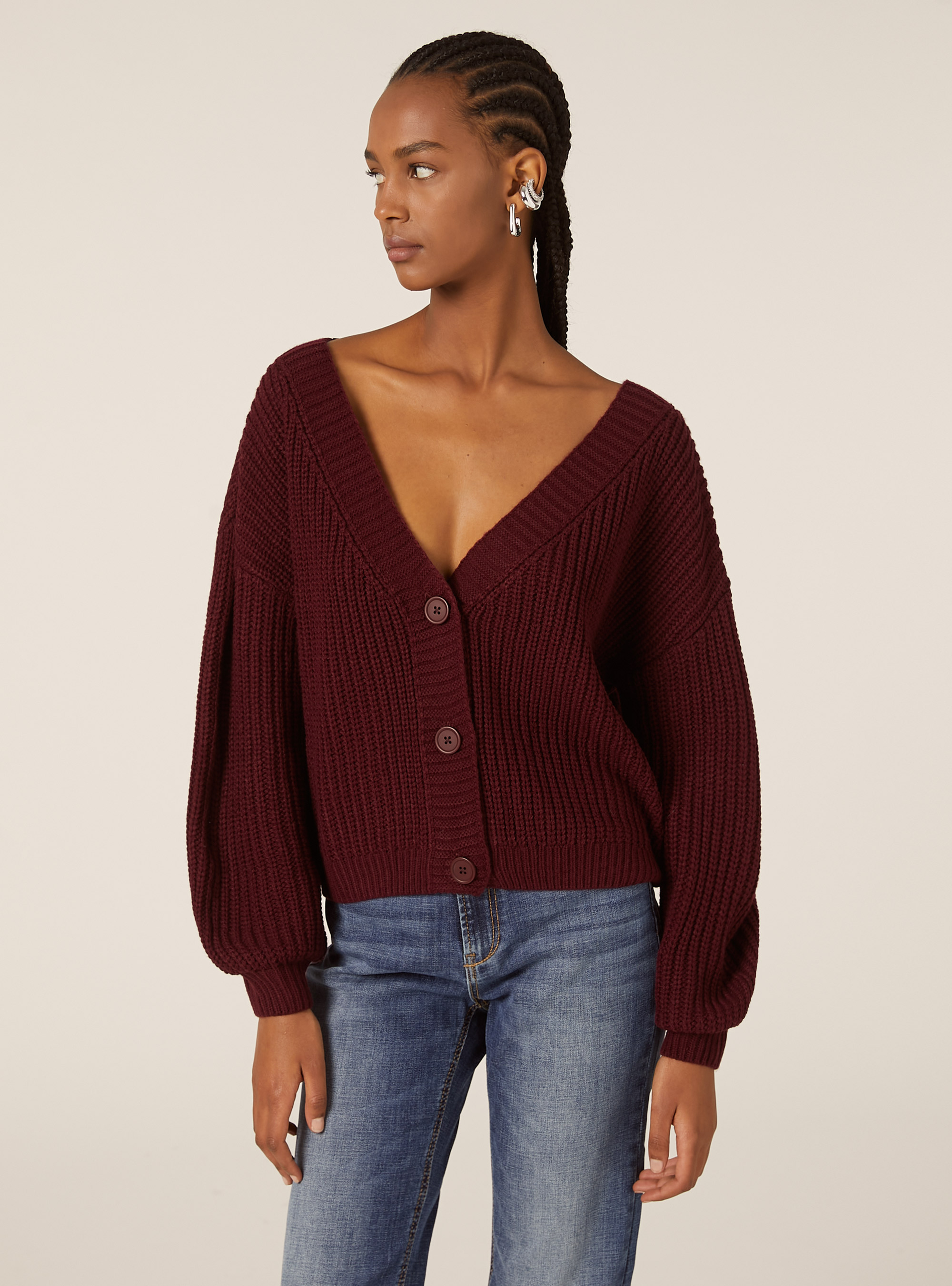 Cardigan en maille &agrave; encolure en V, BO1 BORDEAUX DARK