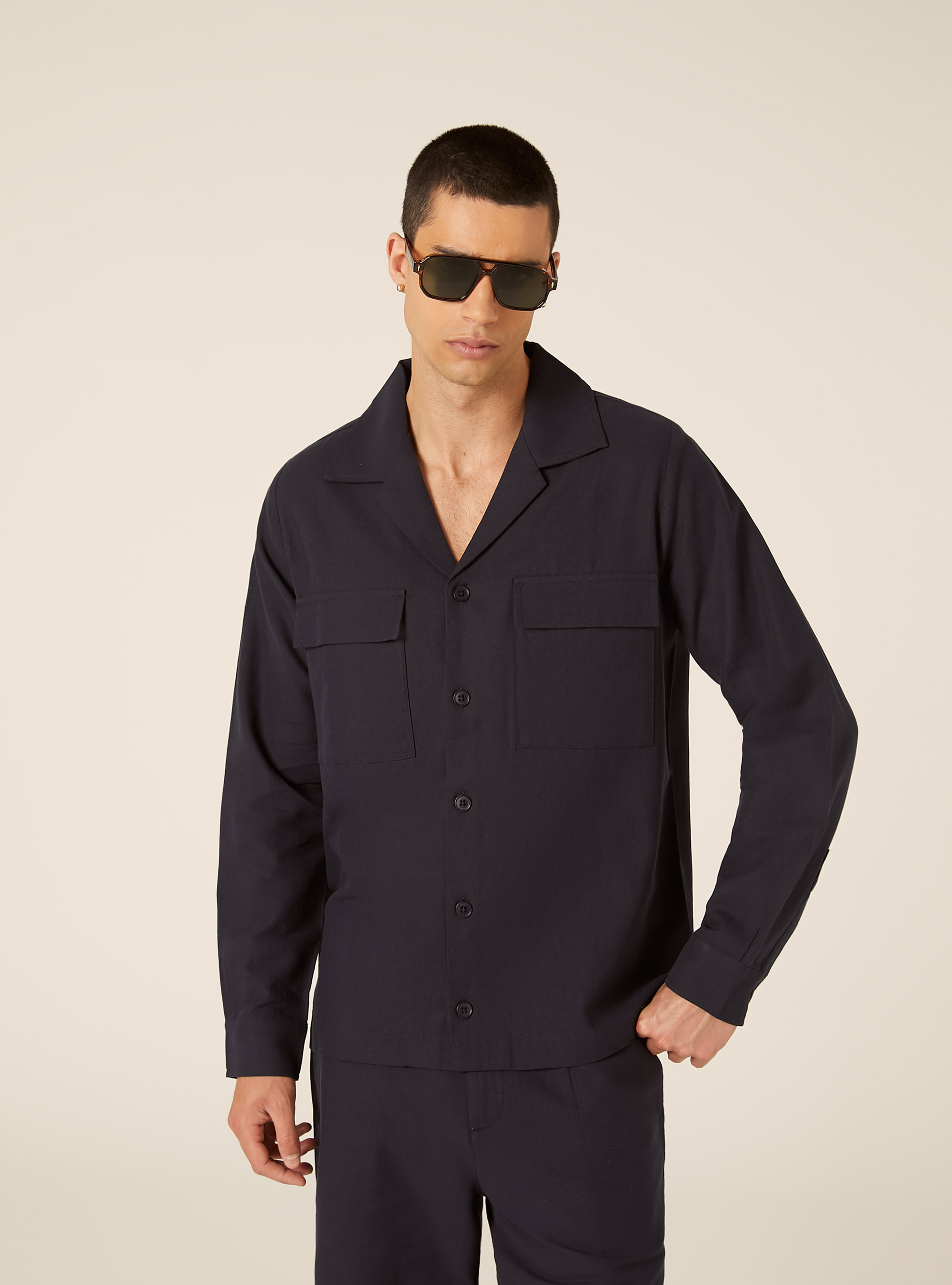 Linen Blend Utility Shirt with Flap Pockets, NA1 NAVY DARK