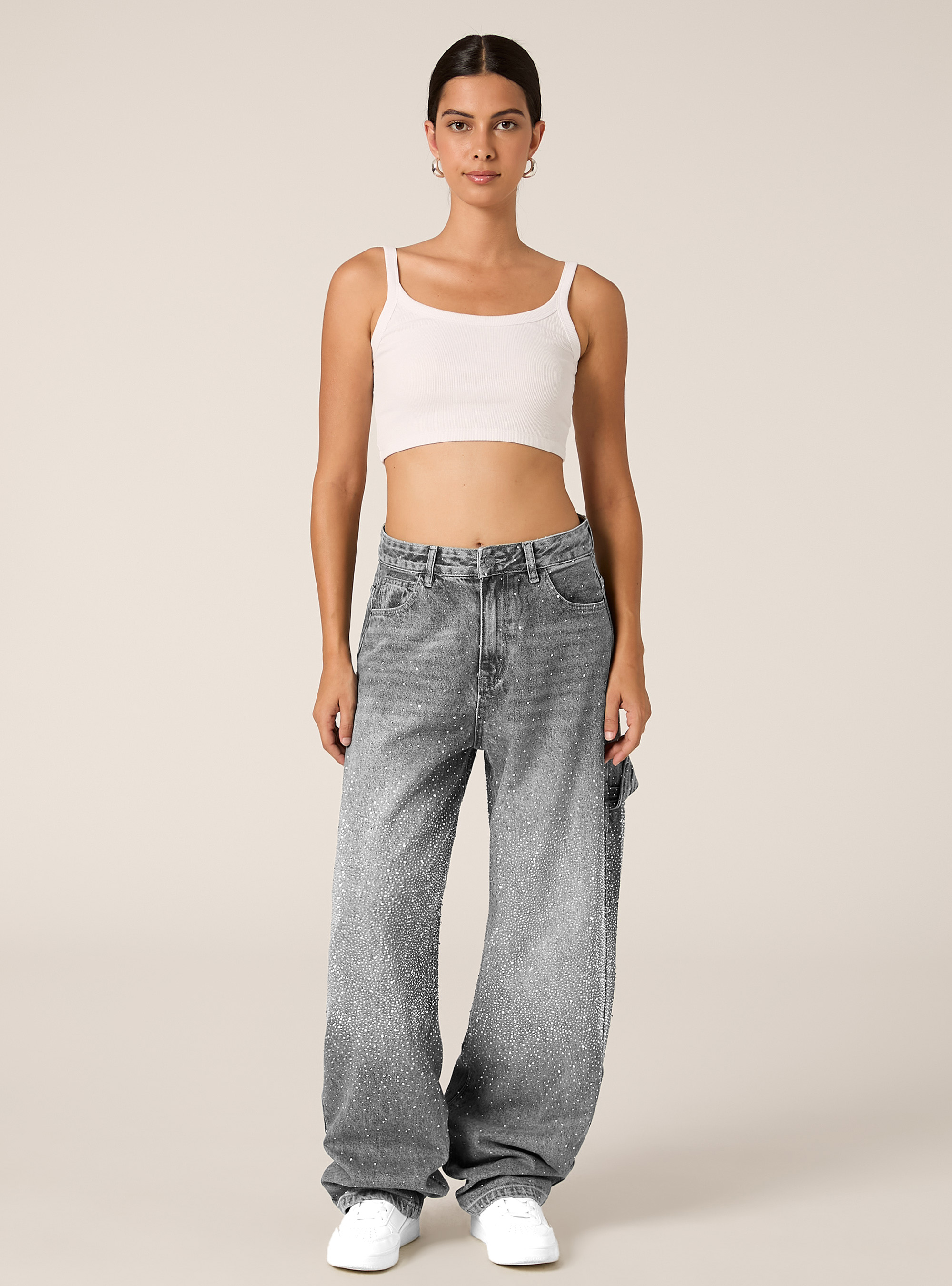 Baggy carpenter jeans with rhinestones, D00G GREY