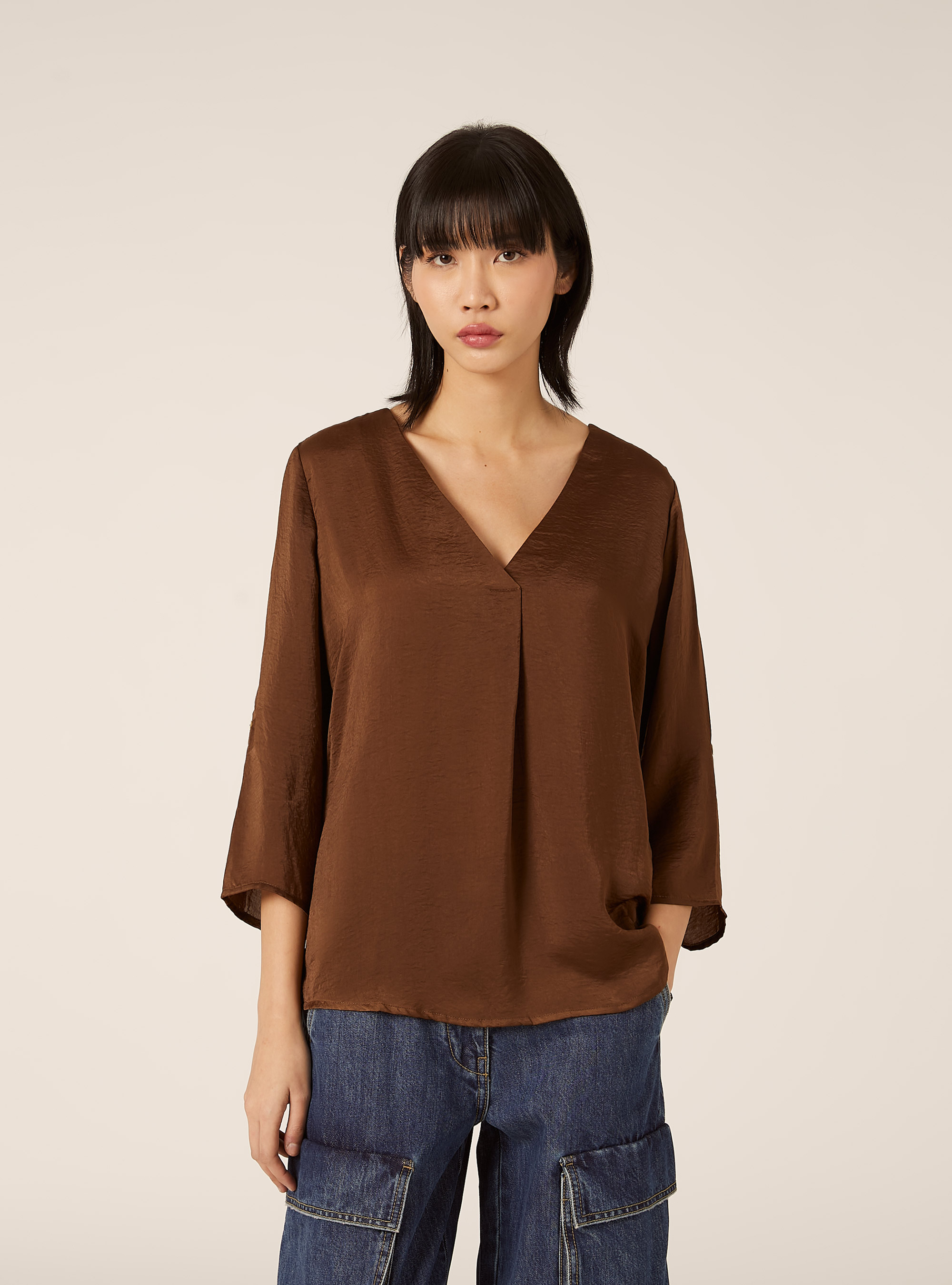 Blouse &agrave; encolure unie, BR2 BROWN MEDIUM