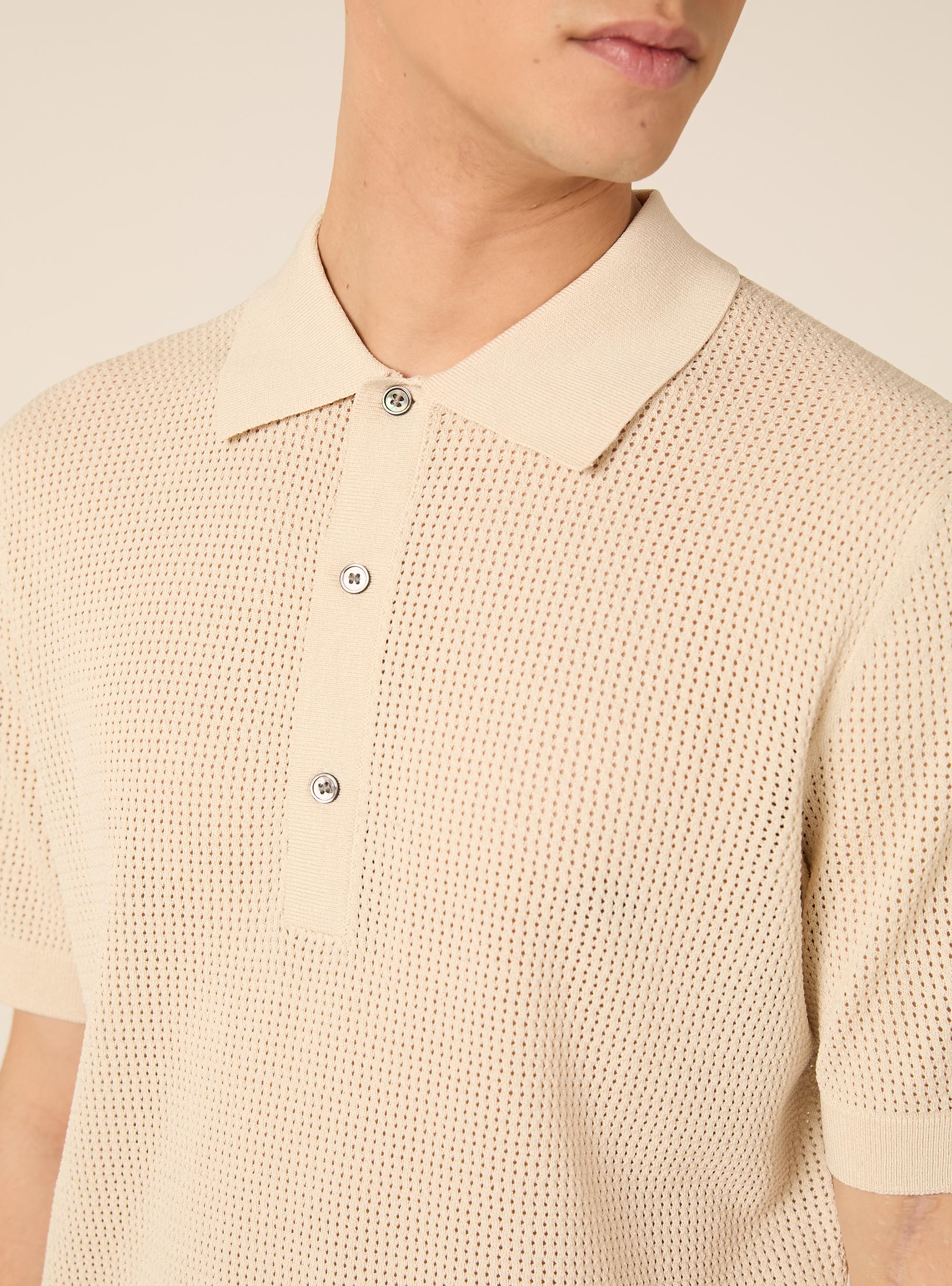 Maglia polo in crochet in misto viscosa, CR3 CREAM LIGHT