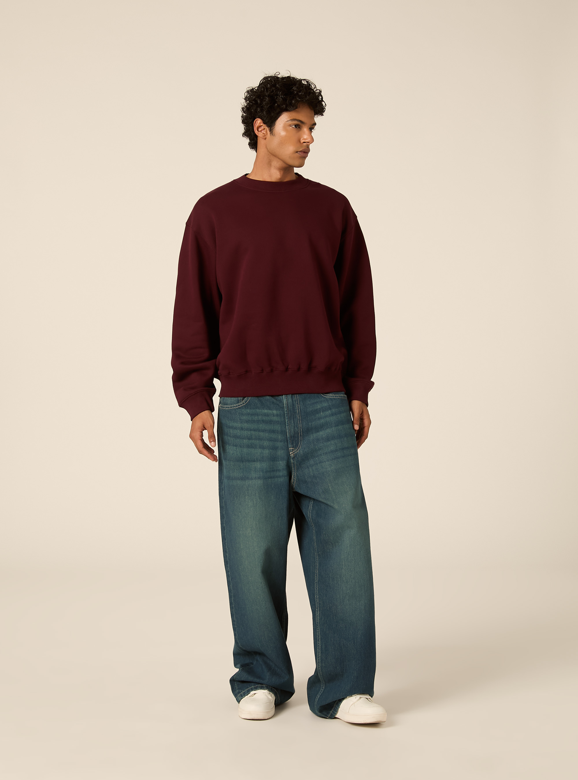Basic boxy fit sweatshirt mit rundhalsausschnitt, BO1 BORDEAUX DARK