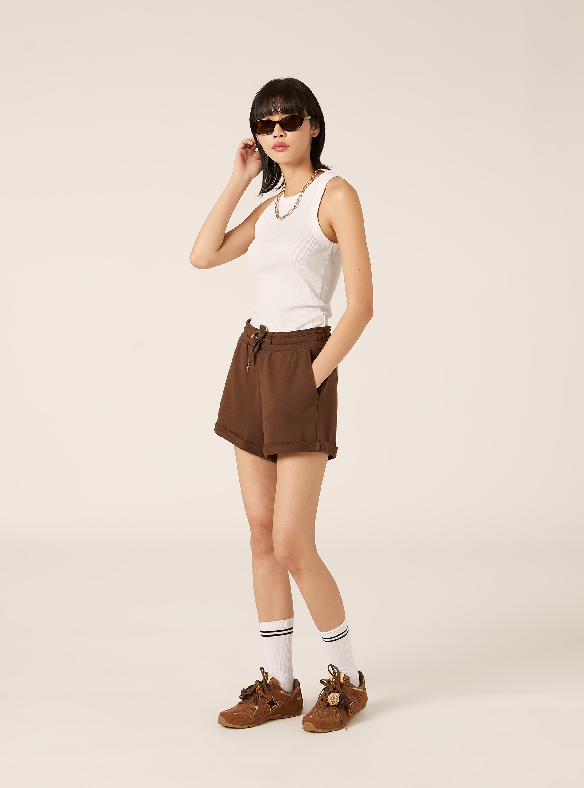 Short en Molleton de Coton avec Taille &Eacute;lastique, BR2 BROWN MEDIUM