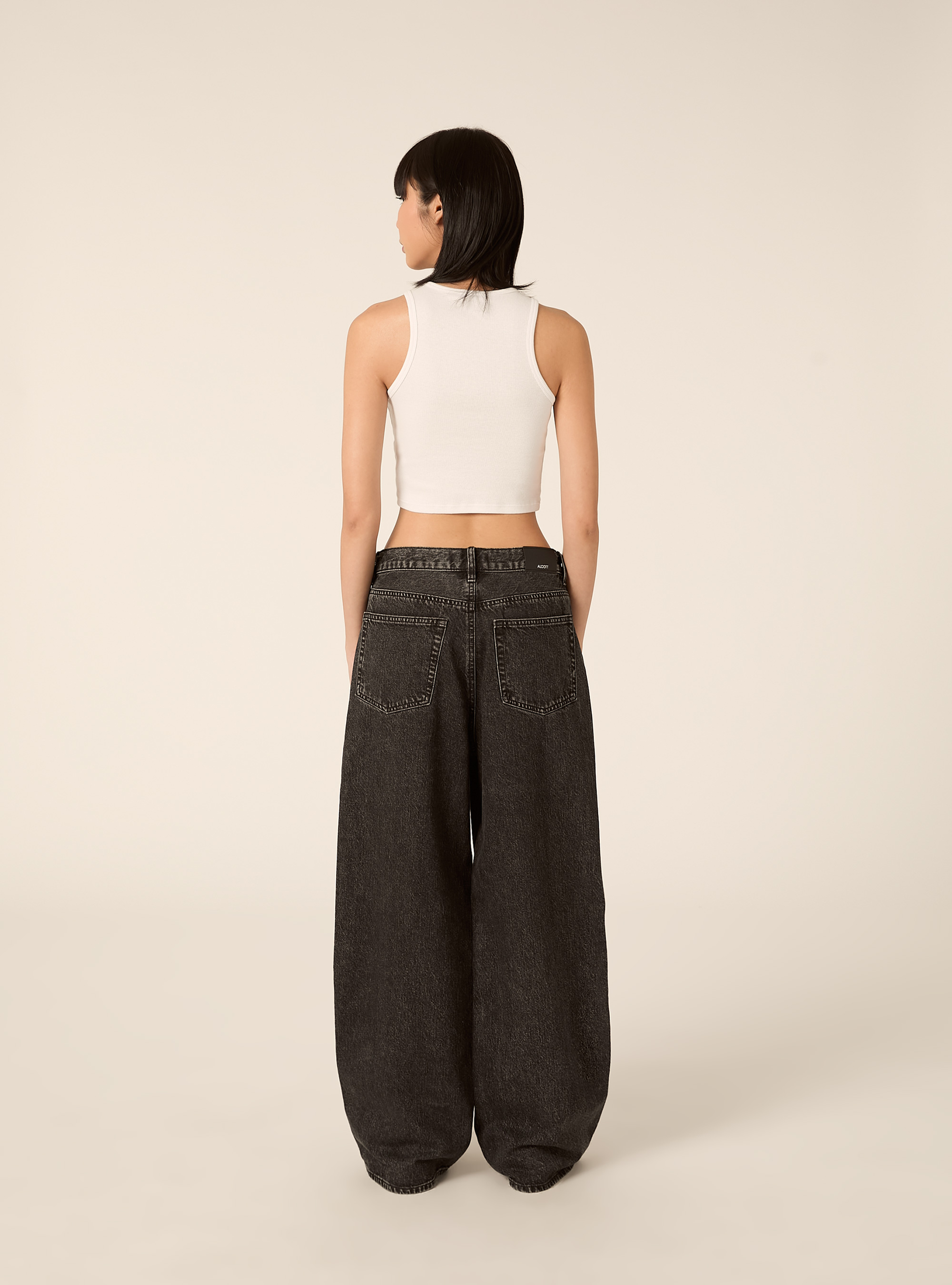 Jeans wide leg a vita media, D000 BLACK
