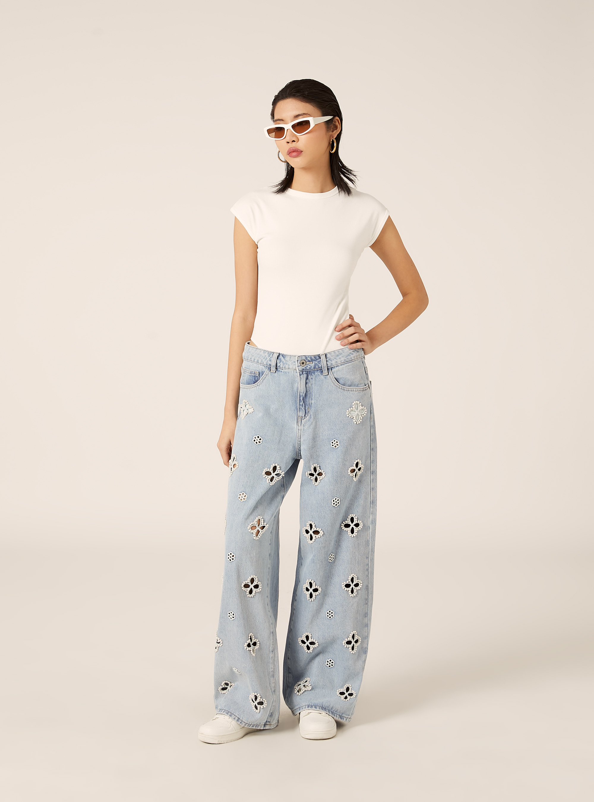 Wide-leg beaded jeans, D006 AZURE
