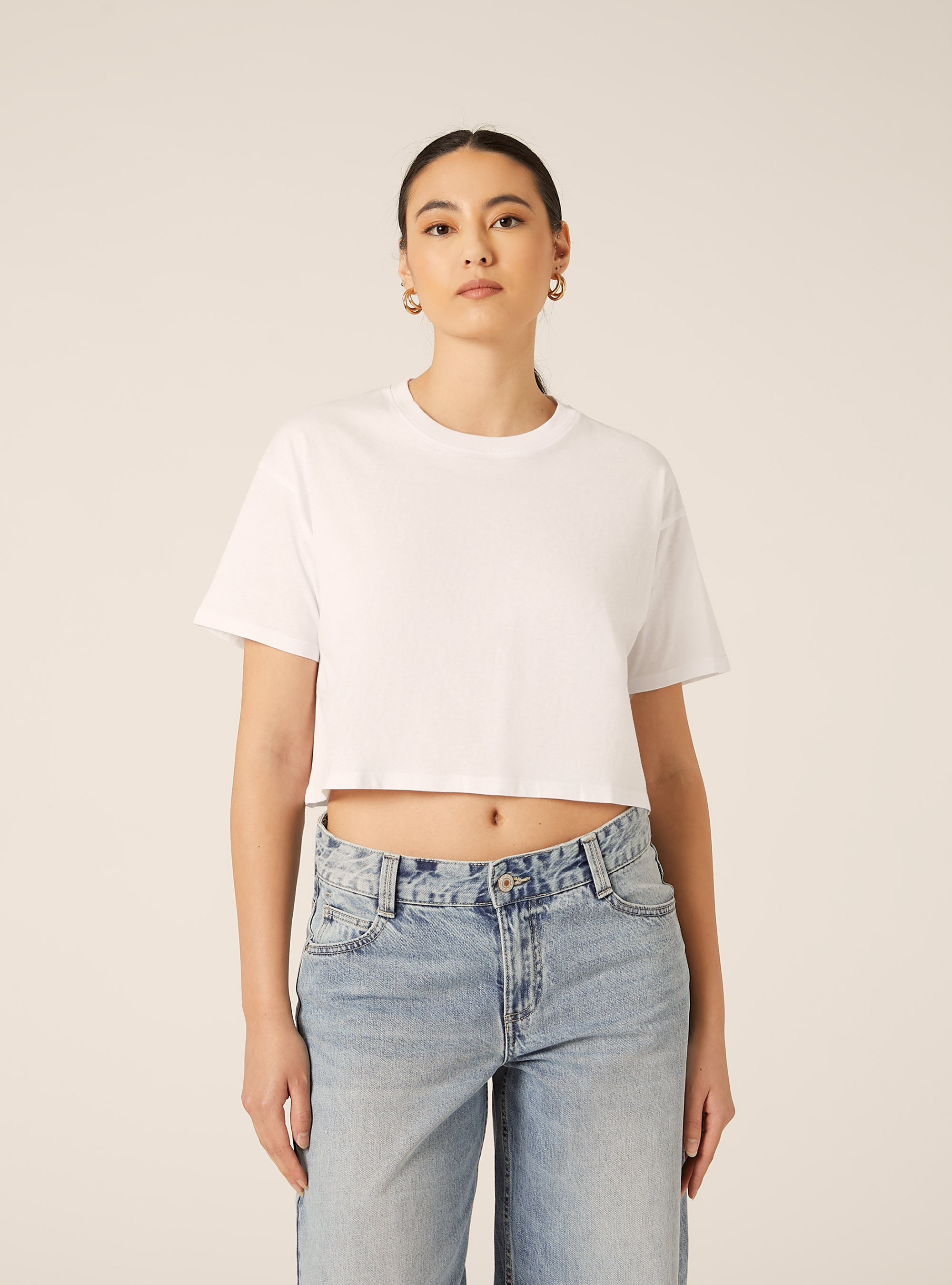 Basic Crew Neck Cropped T-Shirt, WH3 WHITE