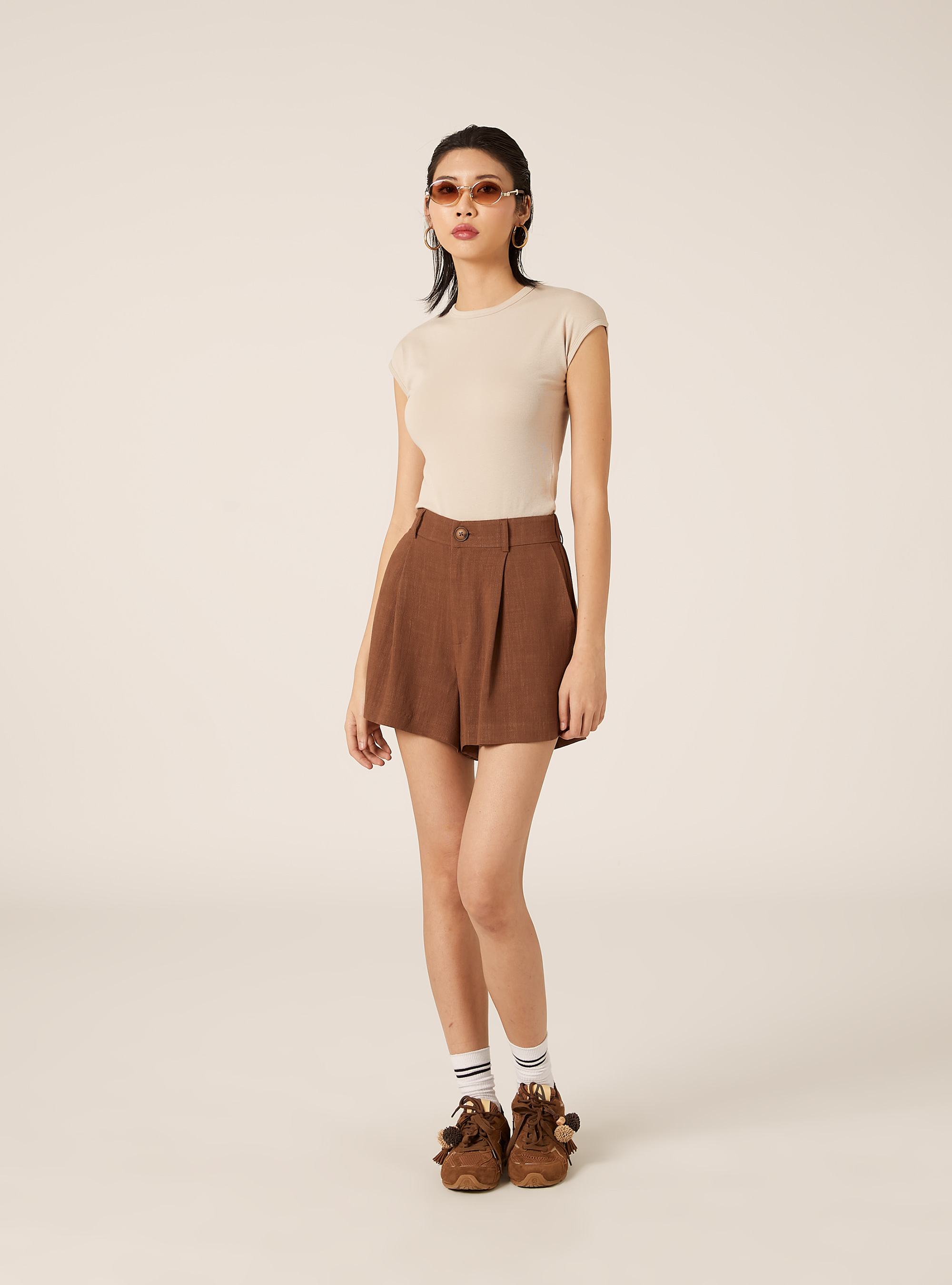 Short Tailoring en m&eacute;lange de Lin, BR2 BROWN MEDIUM