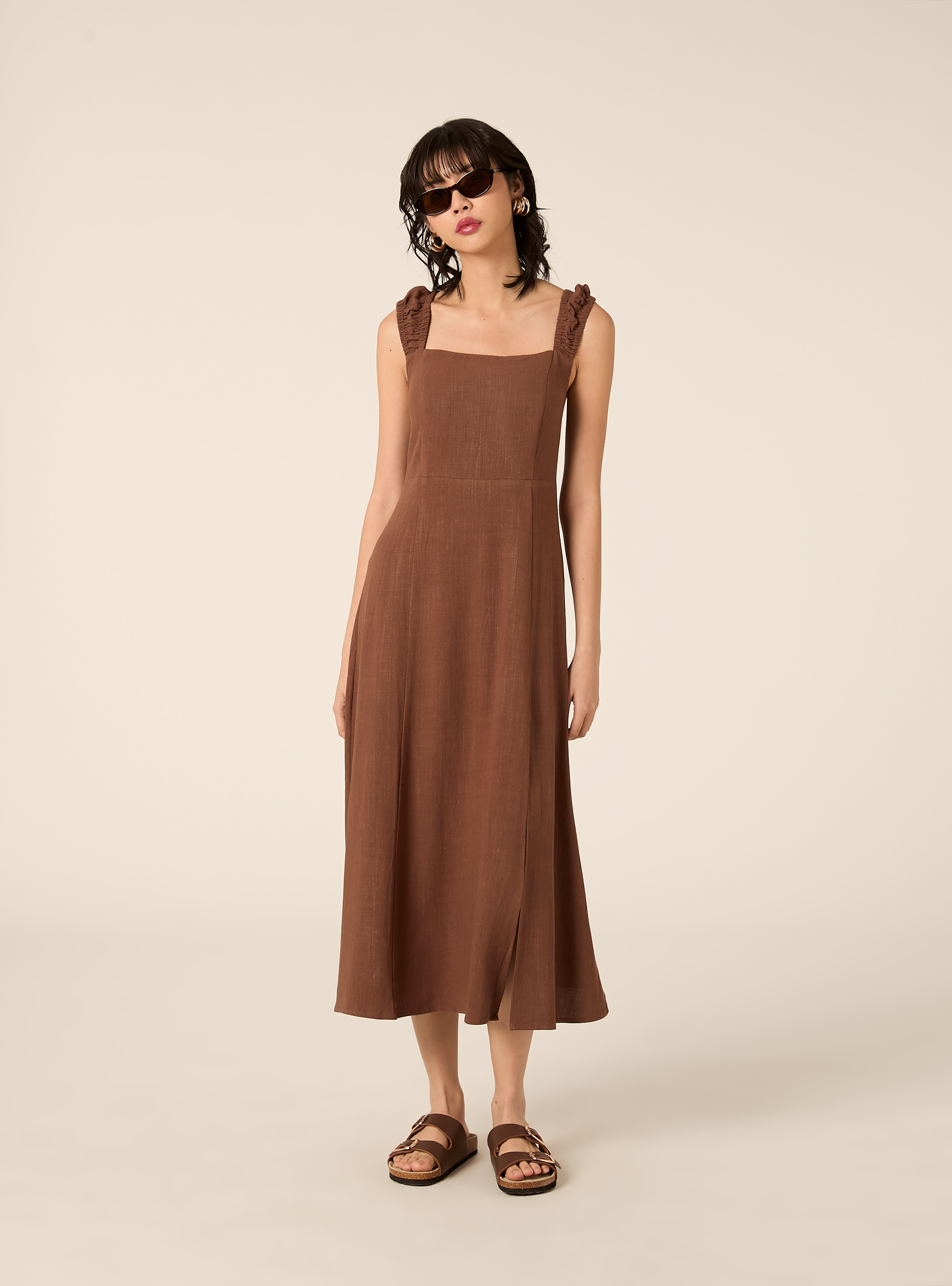 Linen-blend dress with an open back, BR1 BROWN DARK