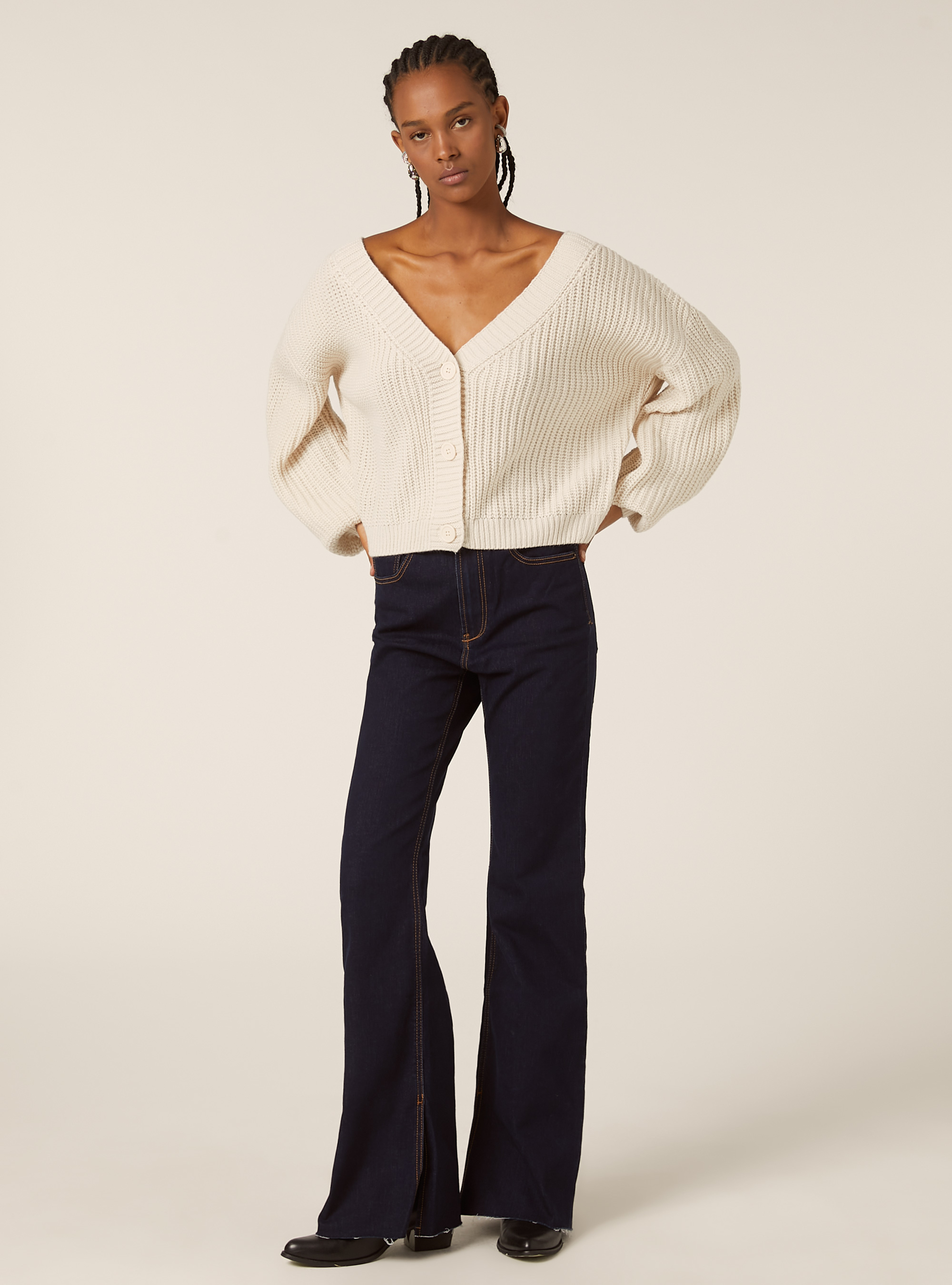 Cardigan en maille &agrave; encolure en V, MWH1 WHITE MEL DARK