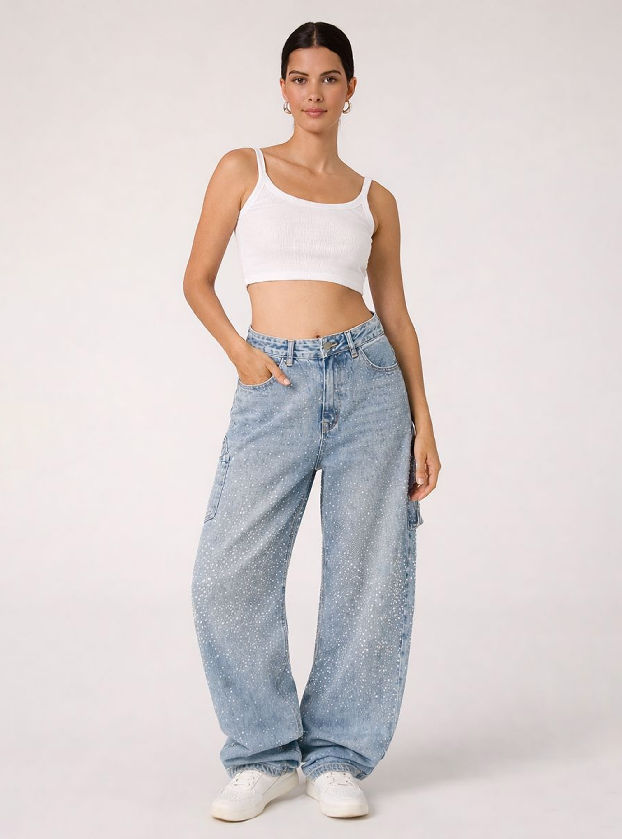 Vaqueros baggy carpenter con pedrer&iacute;a, D006 AZURE