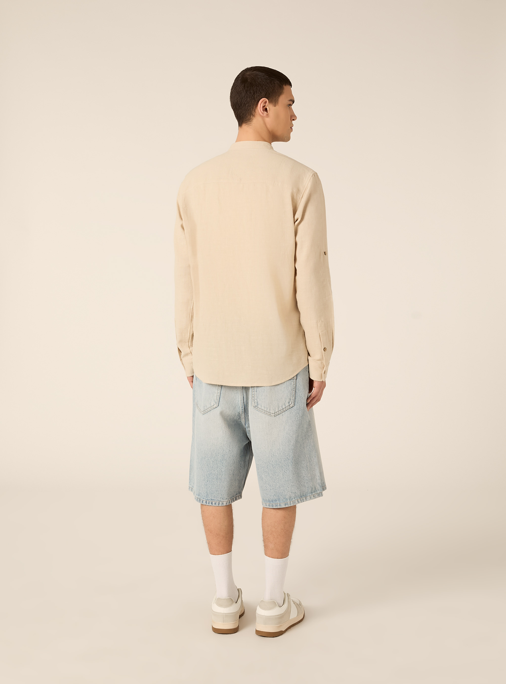 Linen blend shirt with mandarin collar, BG3 BEIGE LIGHT