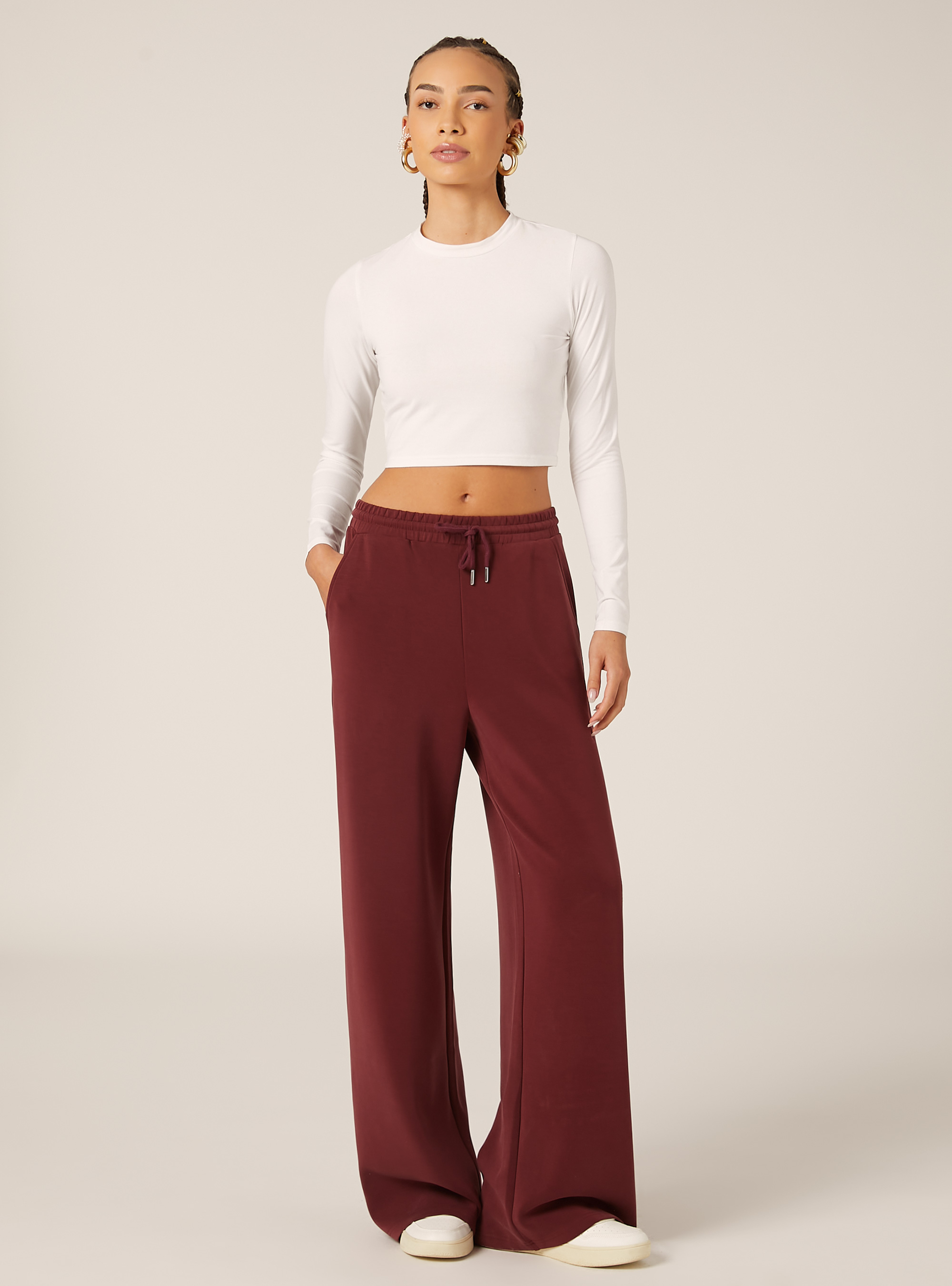 Pantalon jogging large &agrave; toucher doux, BO1 BORDEAUX DARK
