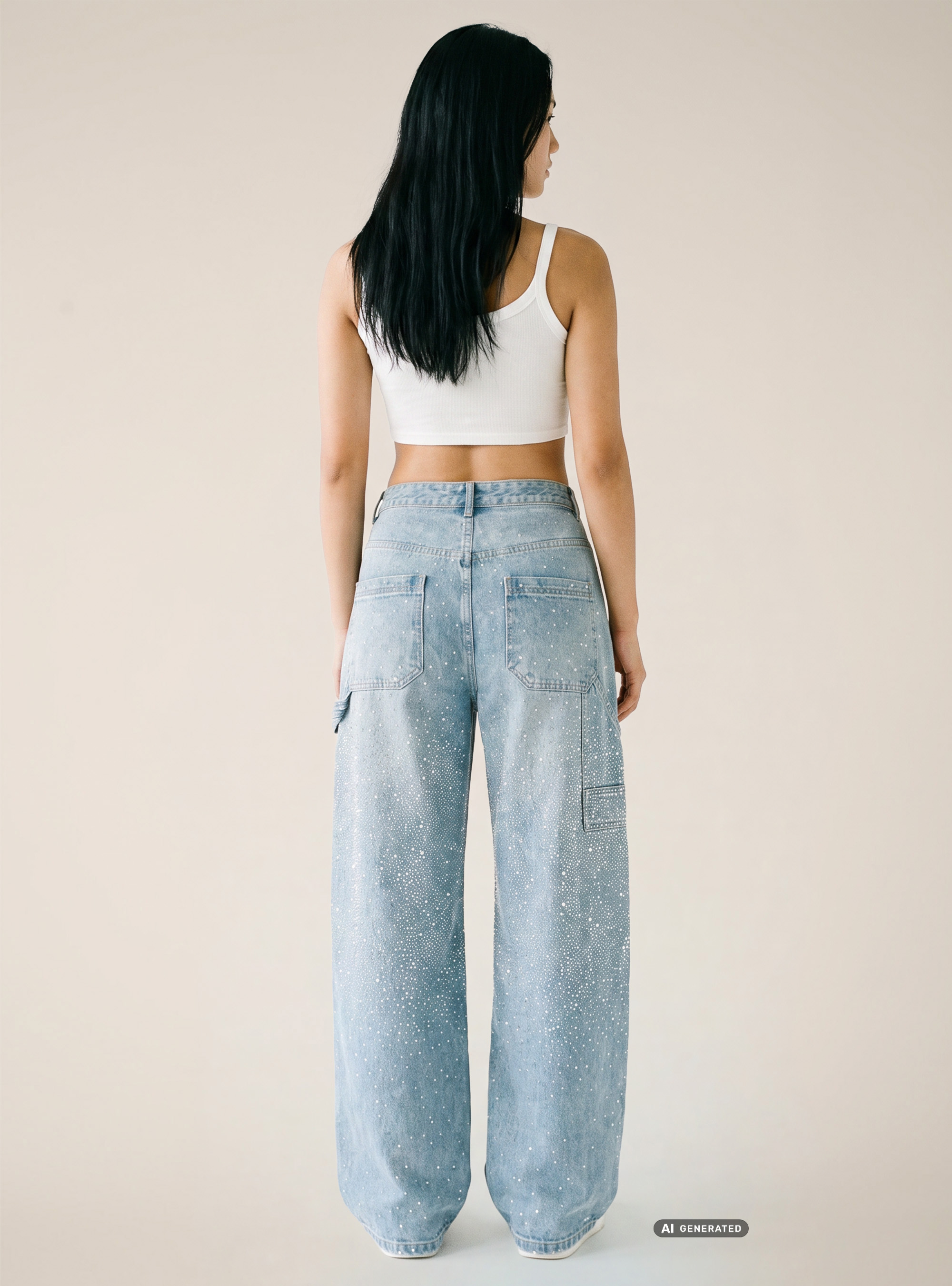 Jeans baggy carpenter avec strass, D006 AZURE