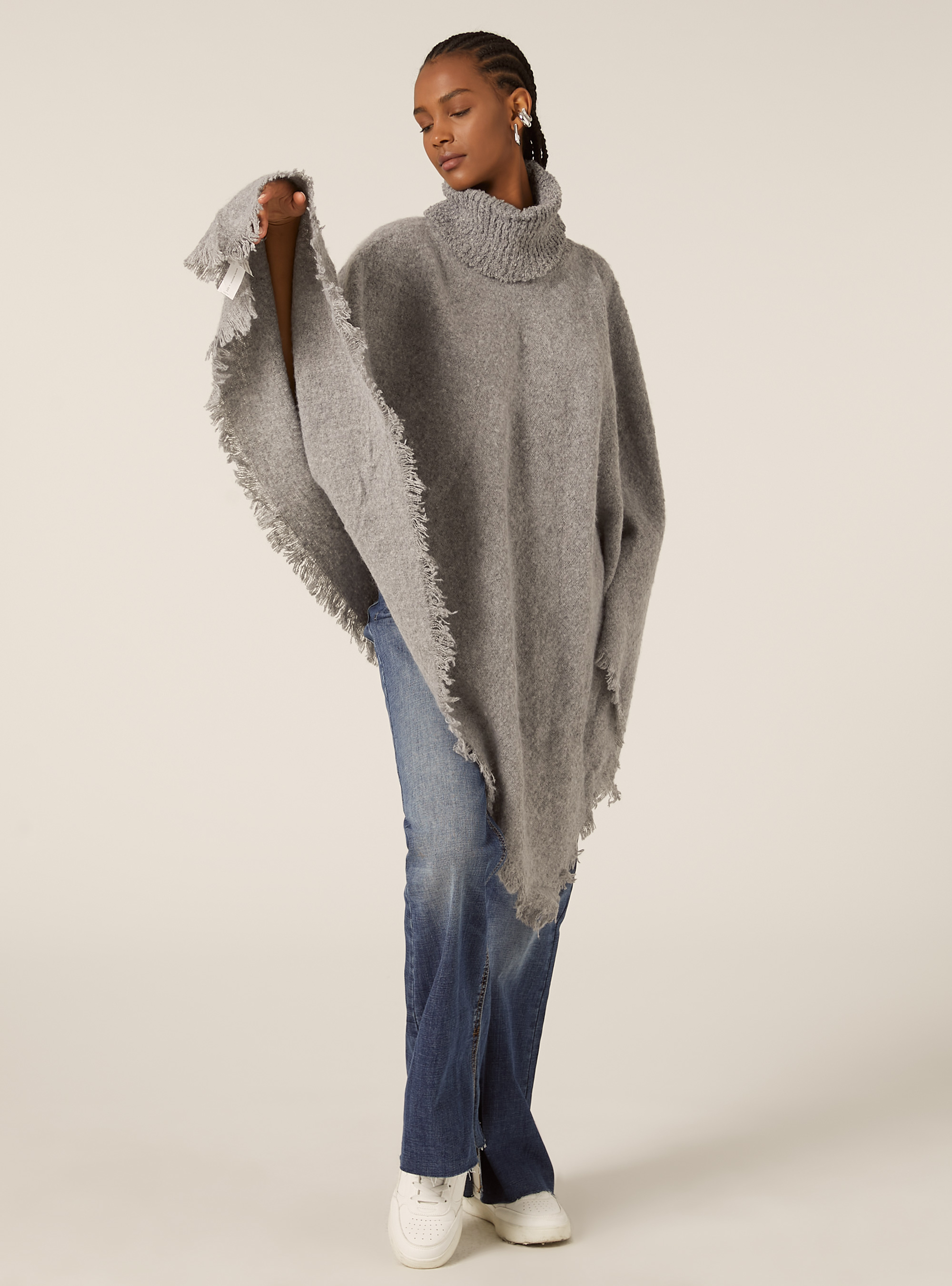 Poncho doux au toucher &agrave; col montant, MGY2 GREY MEL MEDIUM