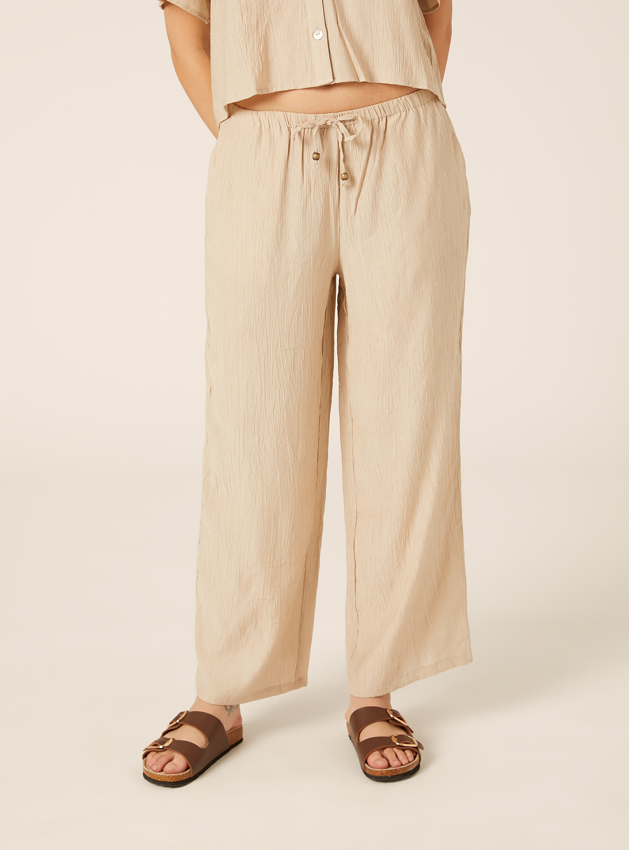 Pantaloni ampi con vita elasticizzata in crepe, BG2 BEIGE MEDIUM