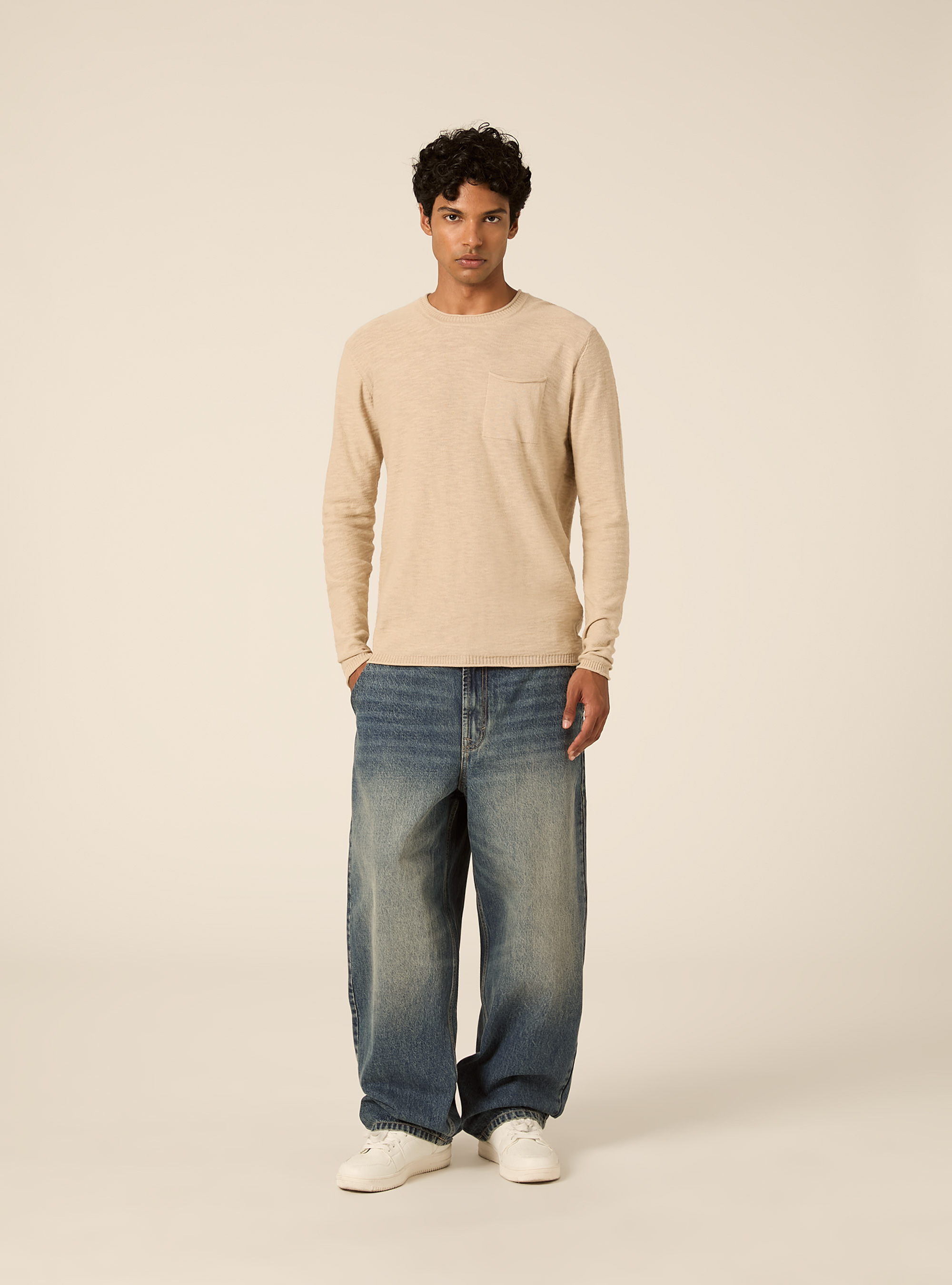 Jersey ligero de cuello redondo con bolsillo, BG2 BEIGE MEDIUM