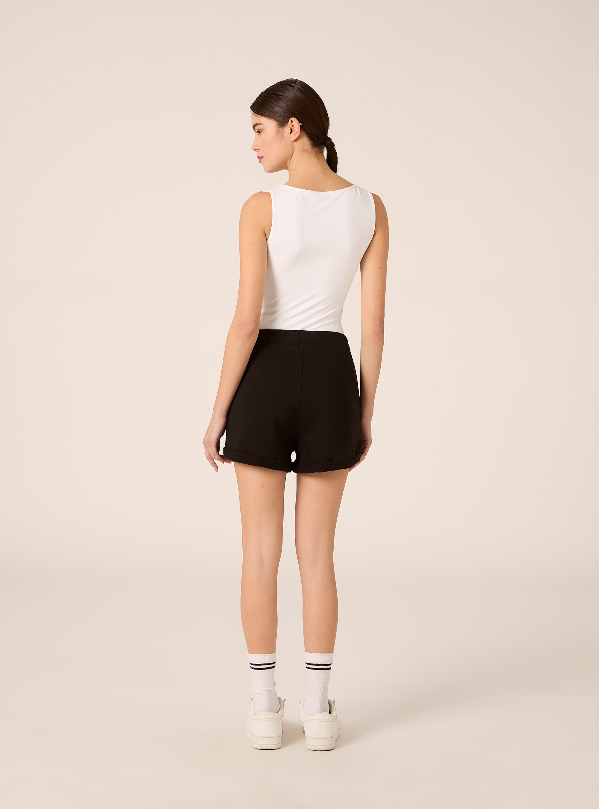 Short en Molleton de Coton avec Taille &Eacute;lastique, BK1 BLACK