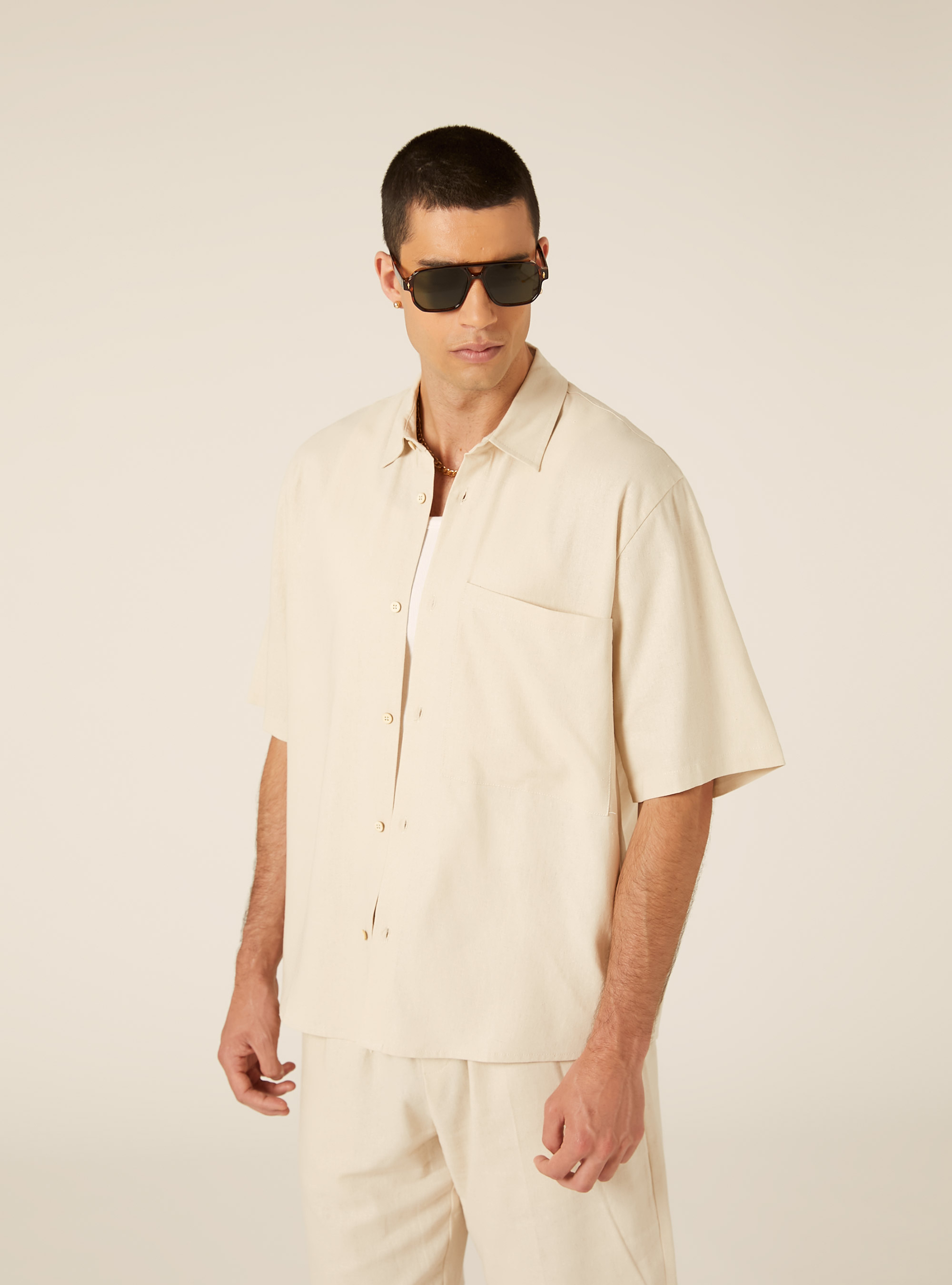 Camicia in misto lino con taschino, BEIGE MEDIO