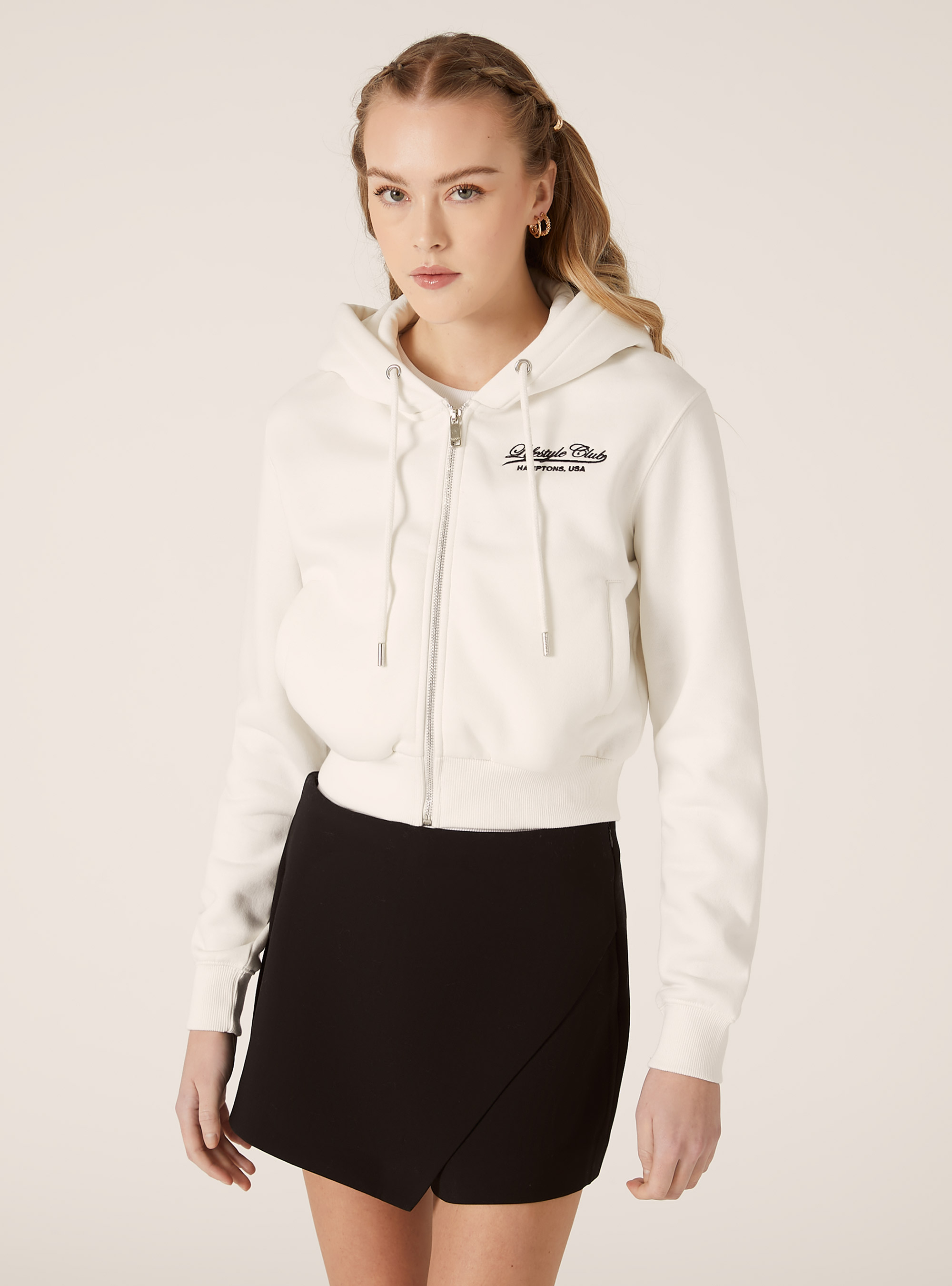 Sweatshirt court avec fermeture &eacute;clair et imprim&eacute;, WH2 WHITE